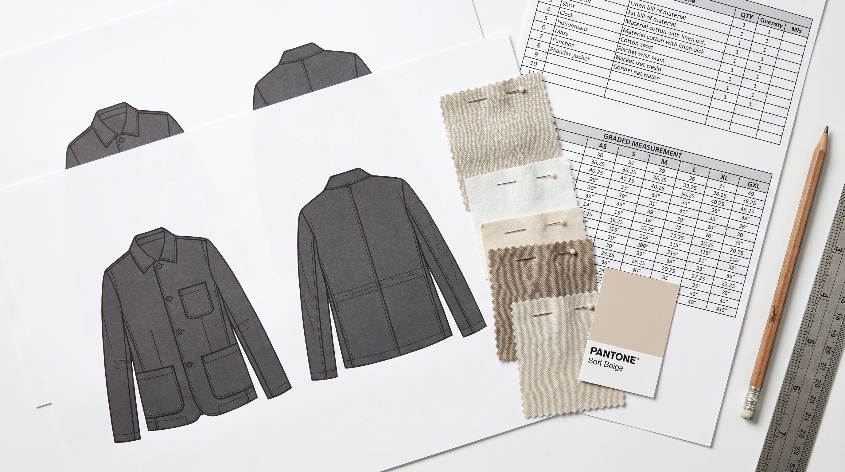 Overhead flat-lay of a factory-ready fashion tech pack: technical flat sketches, bill of materials table, graded measurement chart, fabric swatches and a Pantone chip