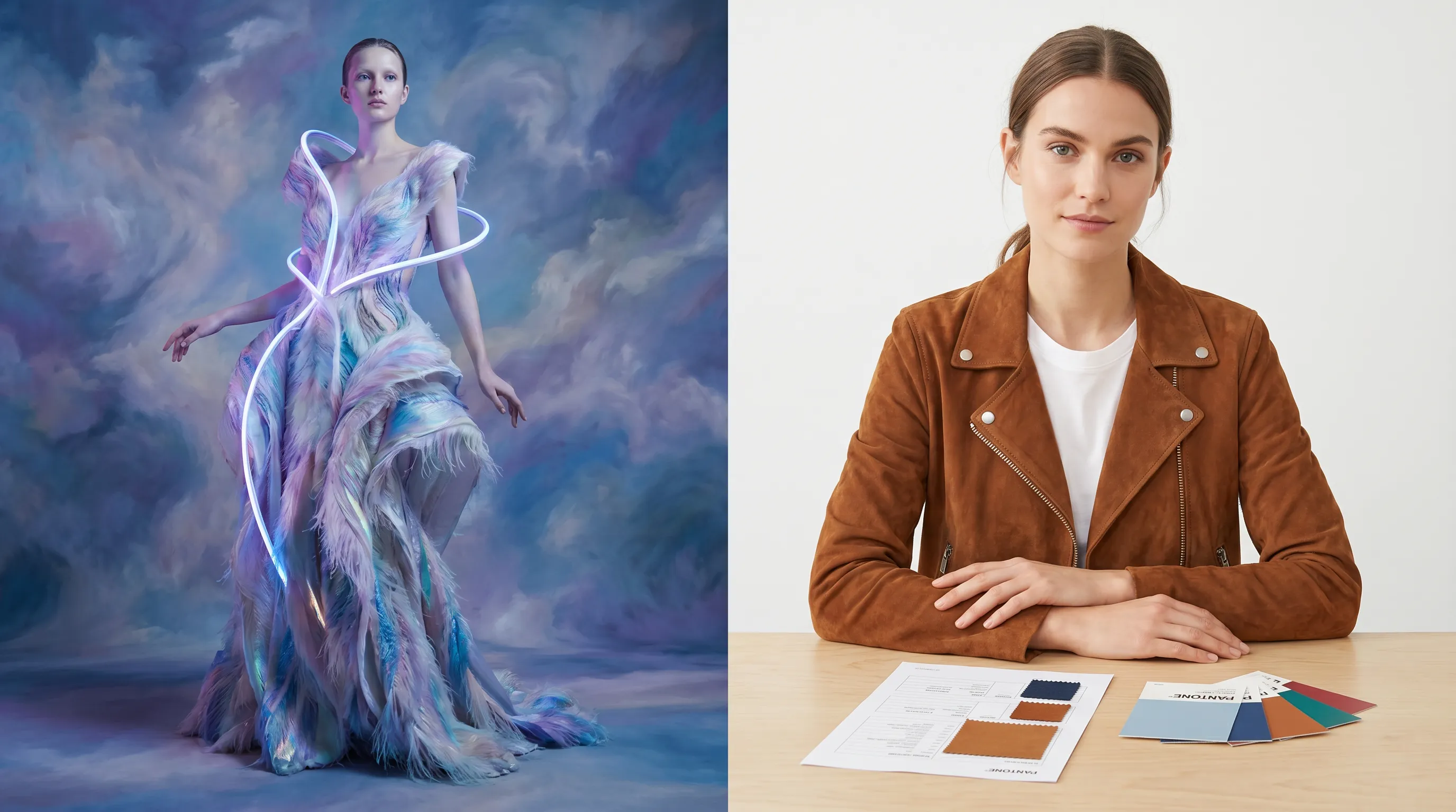 Split comparison: a dreamy Midjourney-style invented fashion image versus an Adstronaut AI on-model photo of a real garment with a consistent model and production specs