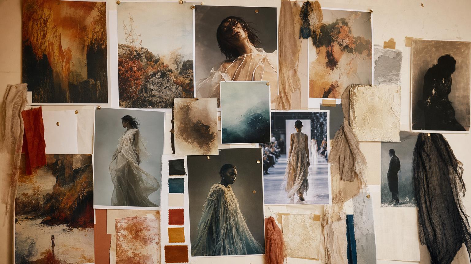 A Midjourney-style fashion moodboard of imaginative, painterly concept imagery pinned to a studio wall, illustrating where a general image generator genuinely excels