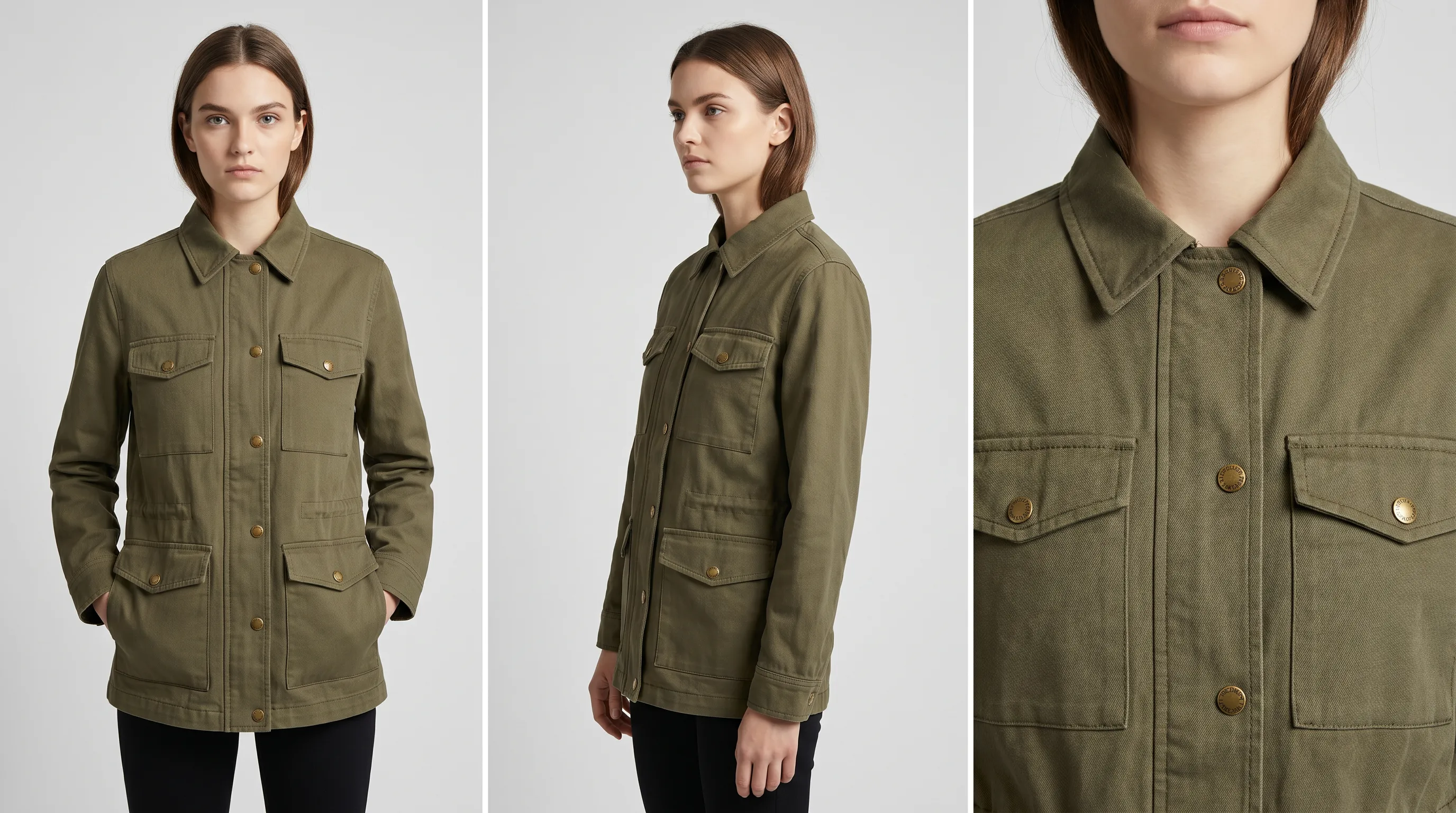 Adstronaut AI on-model photo: the same real garment rendered on a consistent named model across three poses, demonstrating catalog consistency Midjourney cannot reproduce
