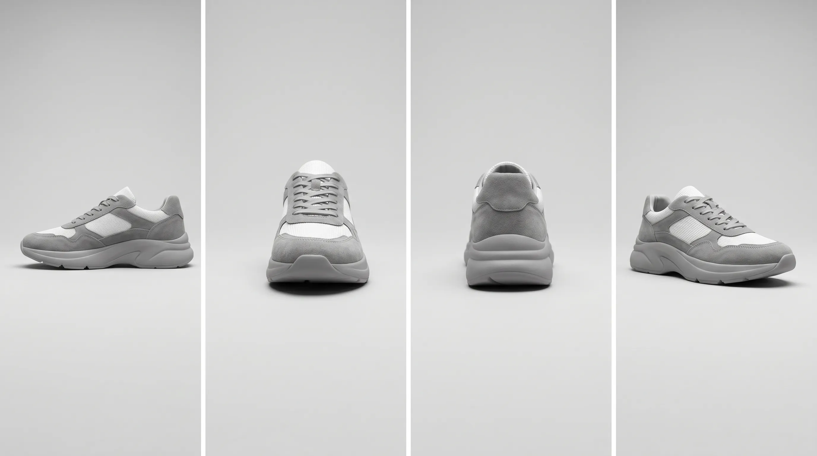 Class-specific multi-angle AI lookbook gallery: a sneaker shown from lateral side, front toe, back heel, and three-quarter angle on a consistent studio backdrop, the structured per-class view set Pebblely does not produce