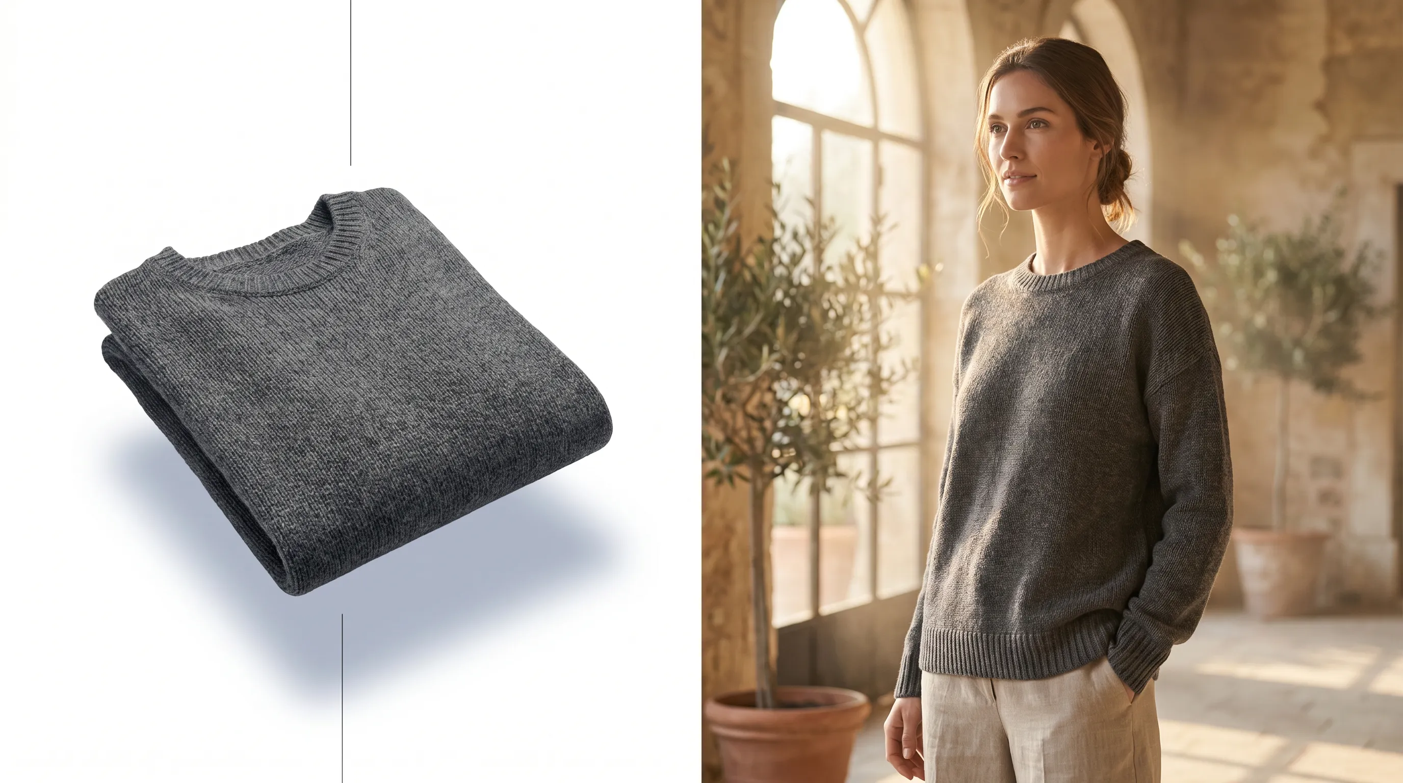 Split comparison: a Photoroom-style cut-out product photo on a clean background versus an Adstronaut AI on-model editorial fashion photoshoot of the same garment