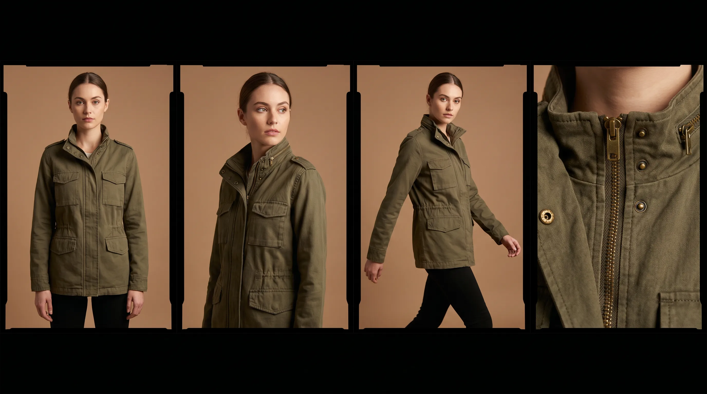 Adstronaut AI on-model photoshoot: the same named fashion model wearing one garment across full-length, three-quarter, walking, and detail-close-up poses in a studio scene