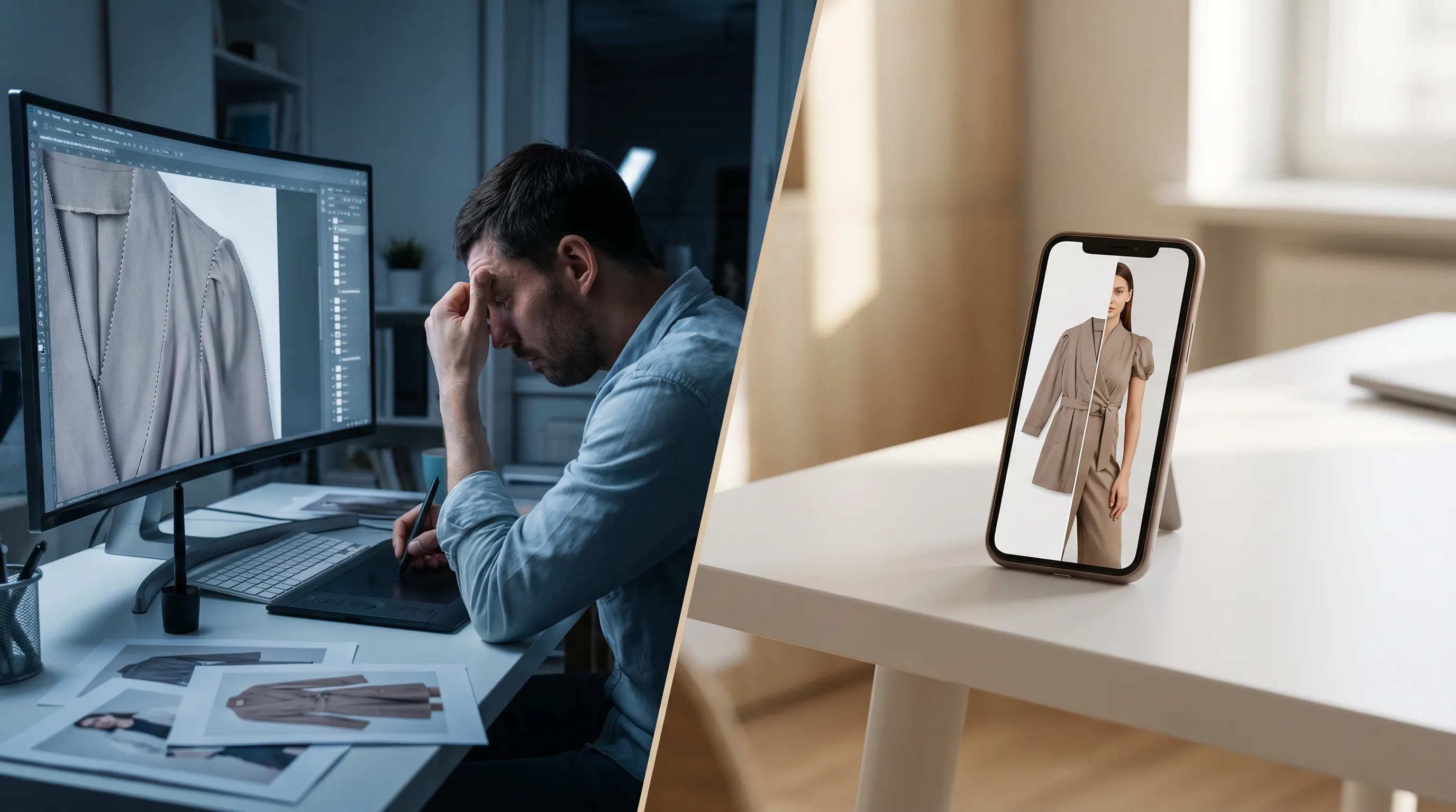 Split comparison: a retoucher manually masking a garment in Adobe Photoshop versus an Adstronaut AI on-model image generated from one flat-lay photo