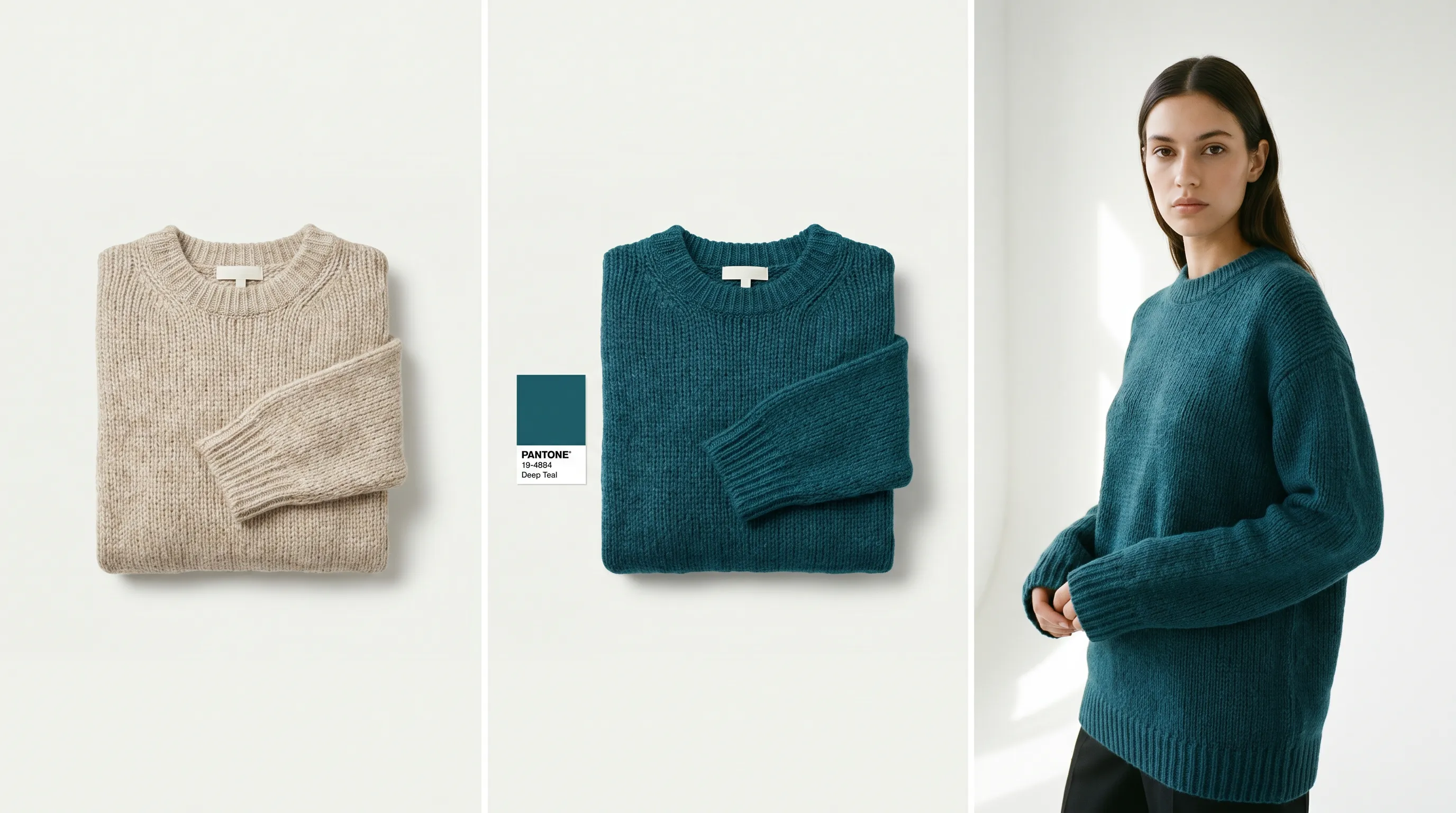 A single flat-lay garment photo transforming into a Pantone recolor and an editorial on-model fashion image generated by Adstronaut AI