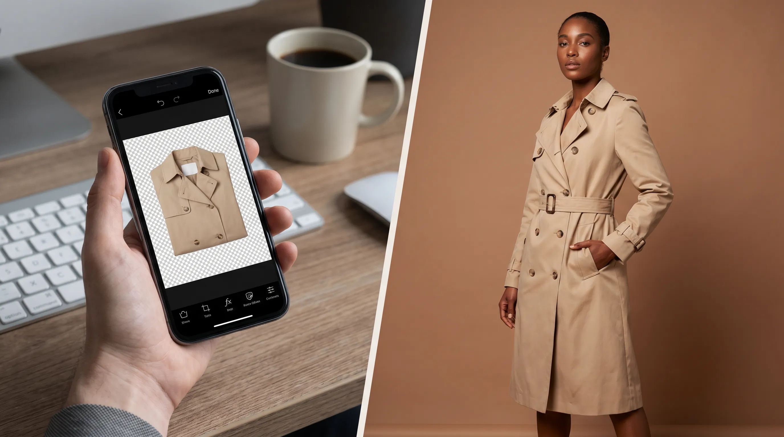 Split comparison: Pixelcut removing a product background on a phone versus Adstronaut AI rendering a garment as an on-model editorial fashion photoshoot