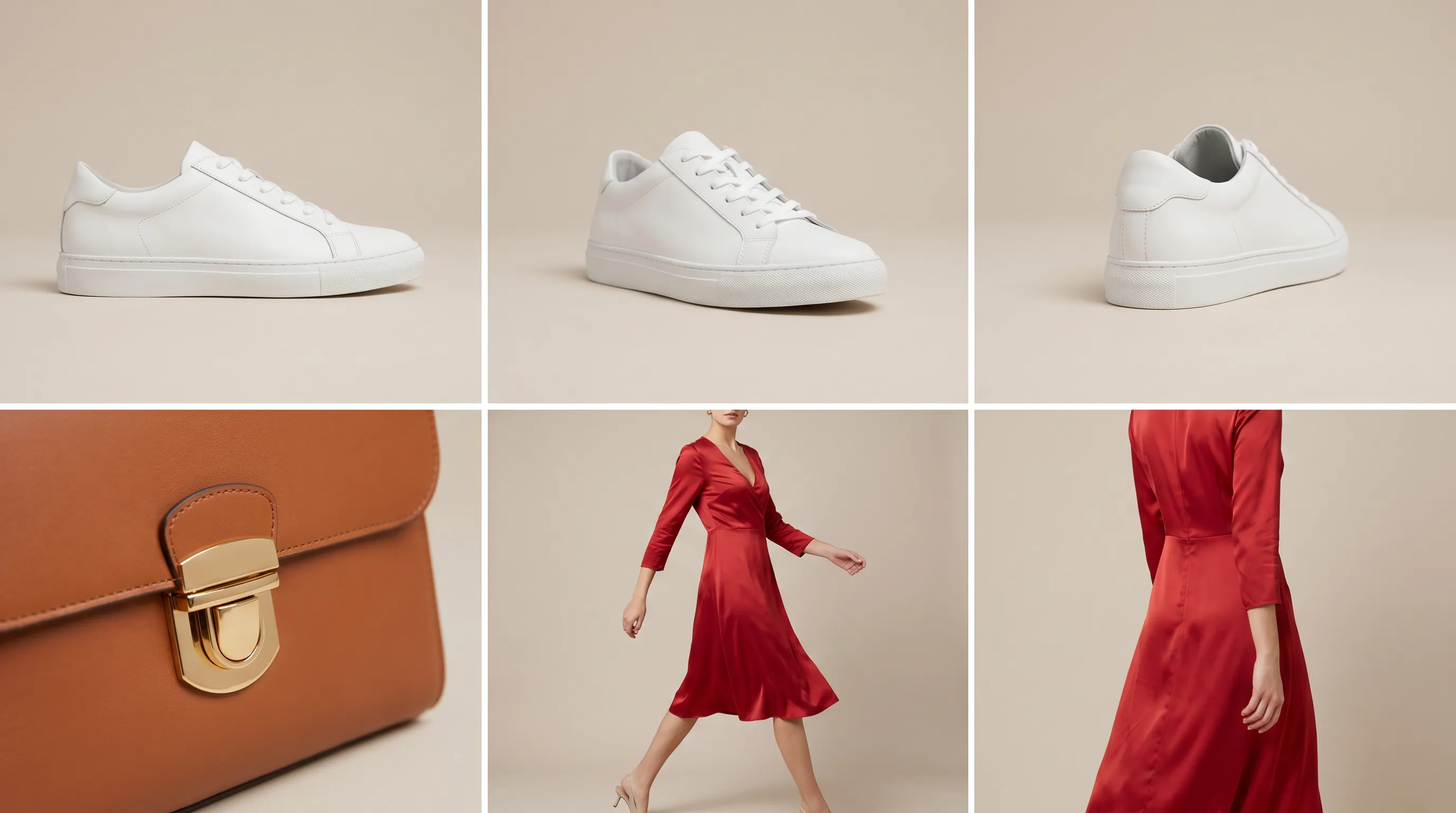 Multi-angle fashion product gallery from Adstronaut: a sneaker shown lateral, toe, and heel views beside a handbag hardware-detail view and a dress on-model walk pose