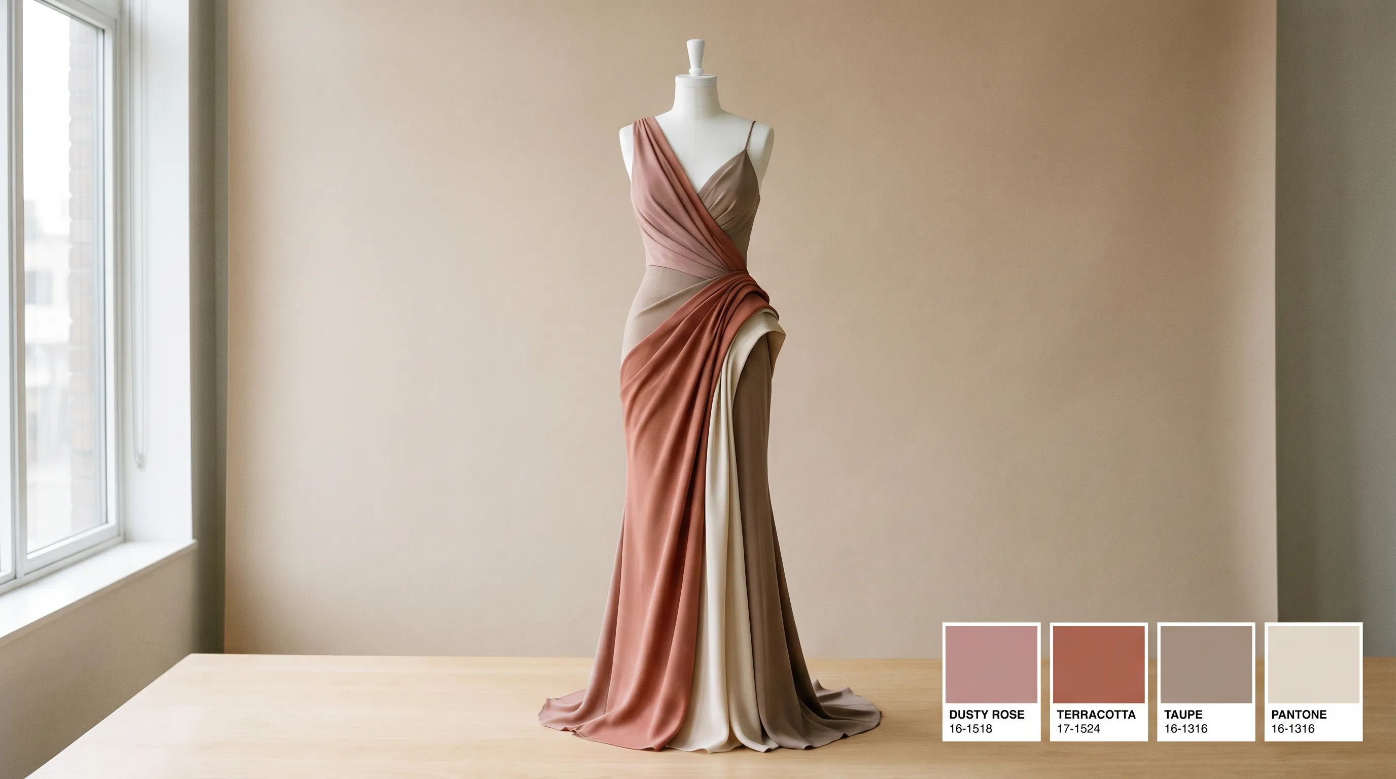 A photoreal fashion design rendered on a clean dress form in a studio beside an auto-extracted five-color Pantone palette, representing the Adstronaut AI Designer output