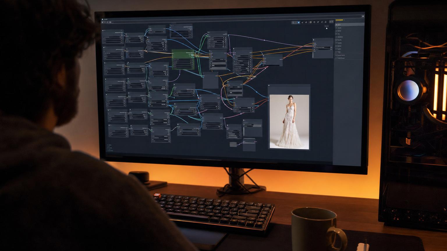 A Stable Diffusion ComfyUI node-graph workflow on a GPU workstation, showing the ControlNet, LoRA and sampler nodes a fashion pipeline requires — the maximum-control DIY route an open-source model enables