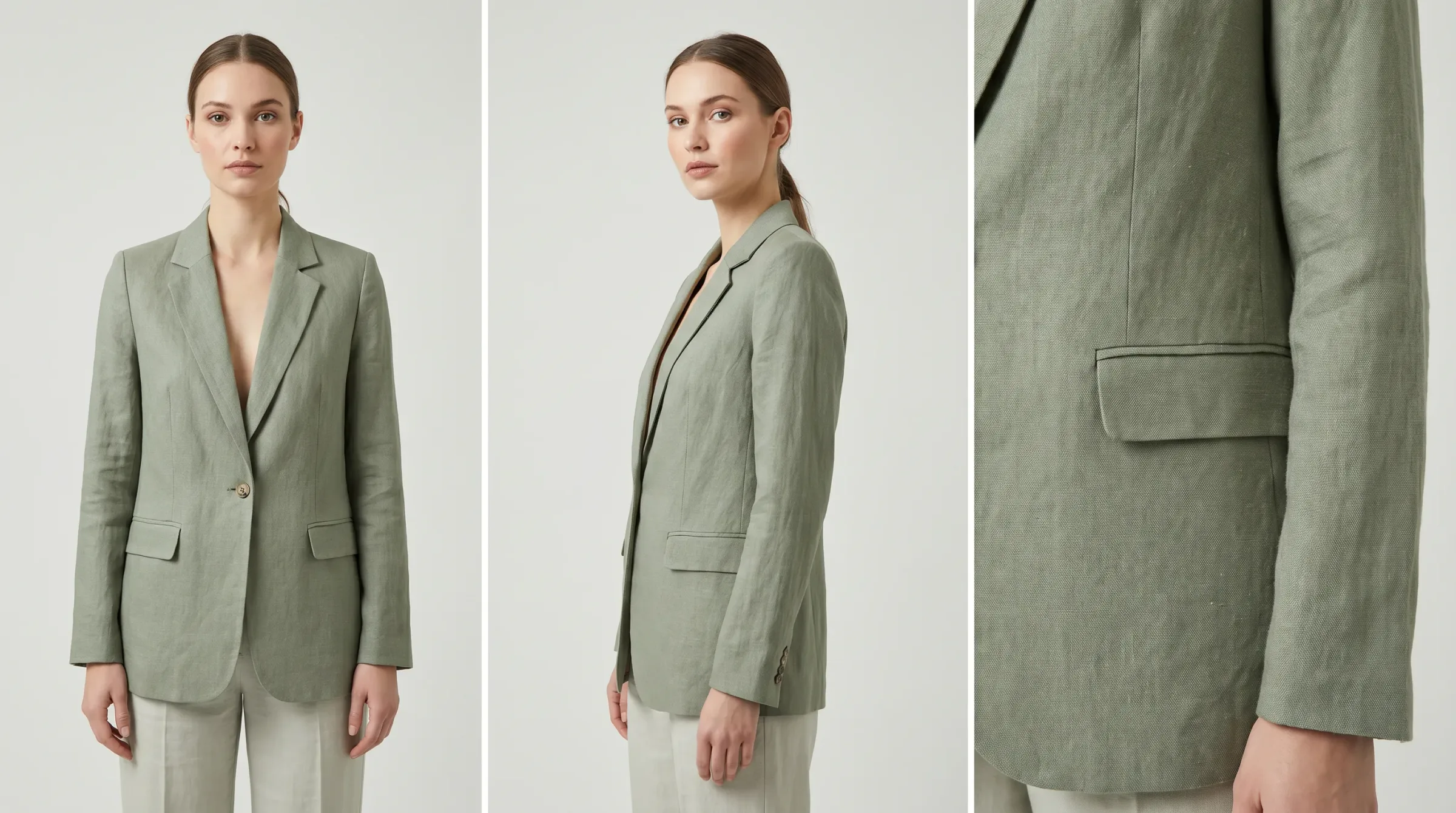 Adstronaut AI on-model photo: one real garment rendered on a consistent named model across three poses, the catalog consistency a raw Stable Diffusion install requires a custom-trained LoRA to approximate