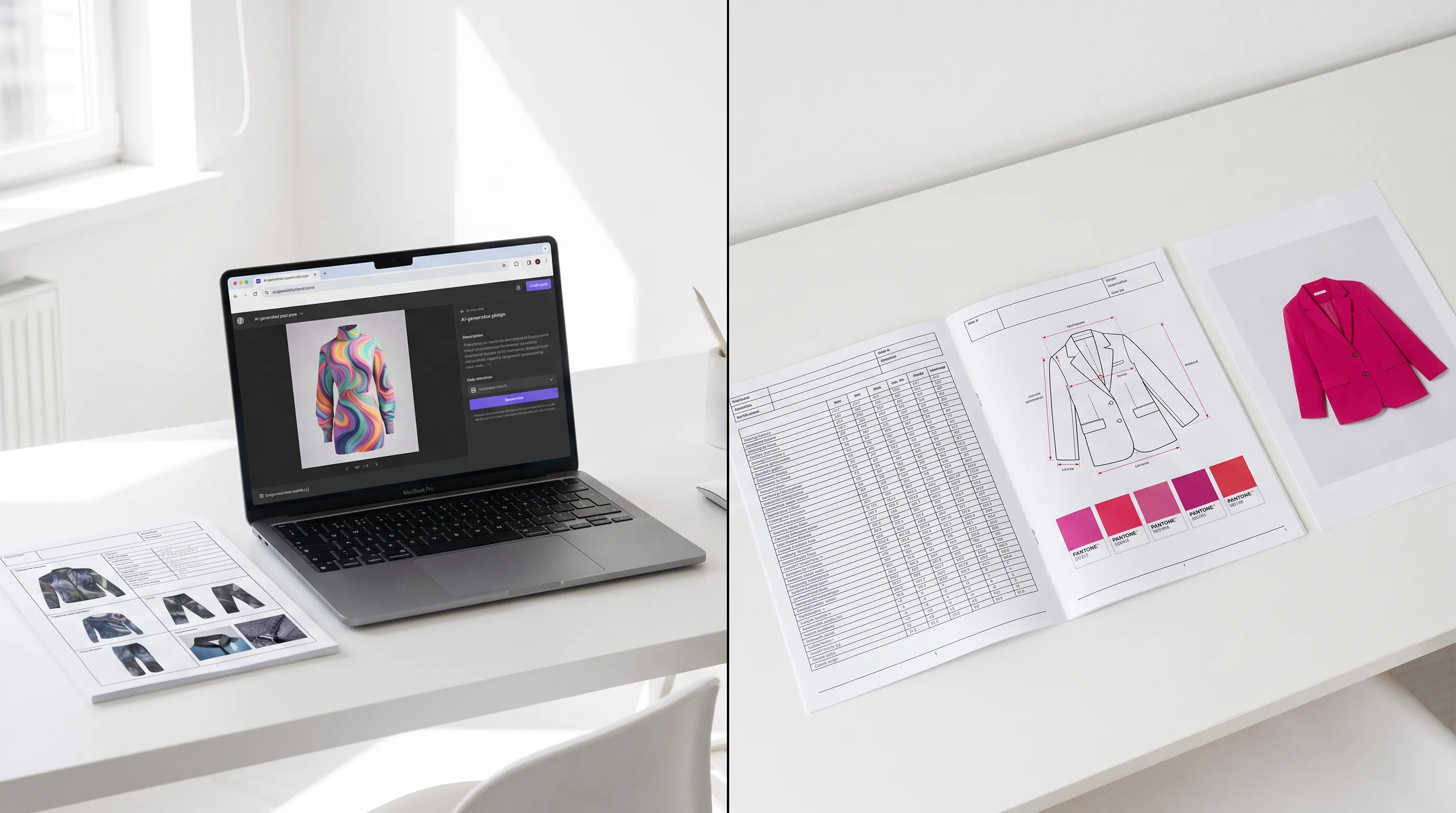 Split comparison of two AI tools: Styls.ai generating an AI garment design and a single-size spec beside Adstronaut generating a fully graded factory-ready tech pack from a garment photo