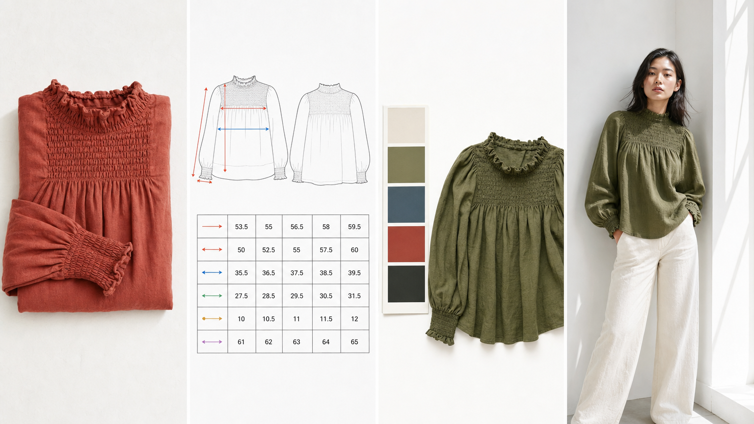 One garment photo becoming an Adstronaut graded tech pack, a Pantone colorway, and an on-model photoshoot image arranged left to right on a clean bright surface