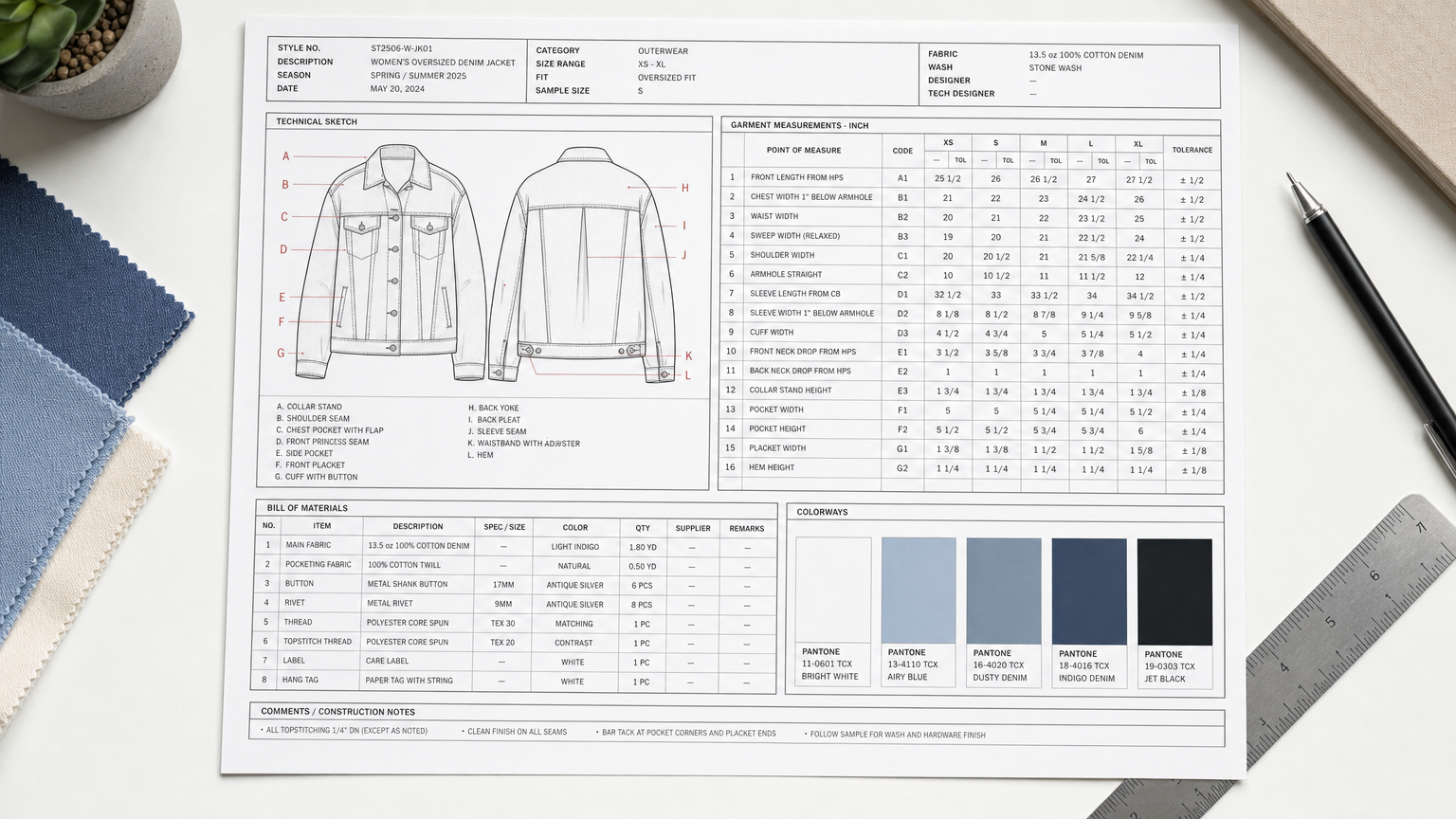 Adstronaut AI tech pack generated from one garment photo showing a fully graded measurement chart from XS to XXL with tolerances, annotated flat sketch, bill of materials, and Pantone TCX colorway chips