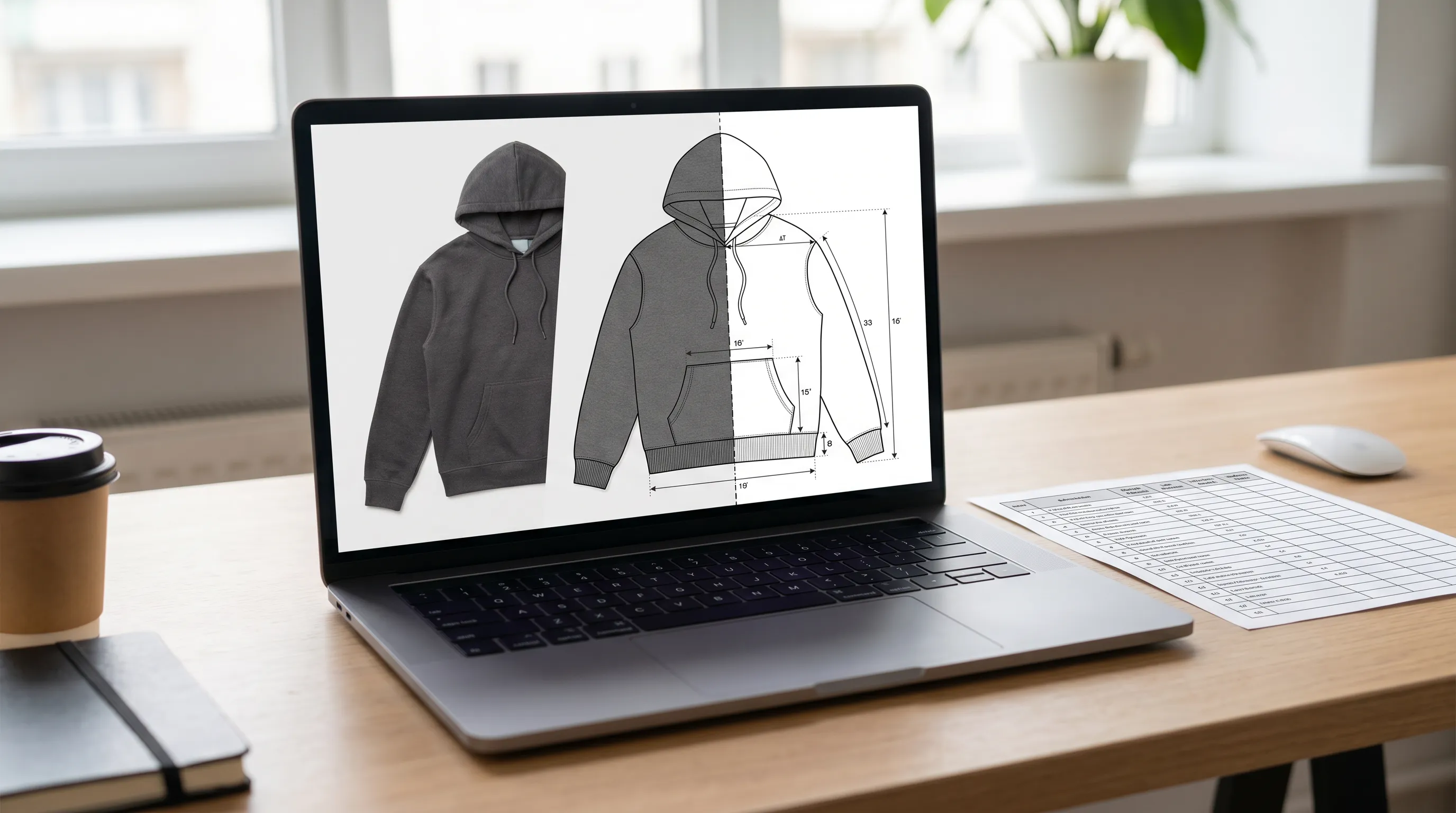 Adstronaut AI generating a technical flat sketch and bill of materials from a single garment photo, the step Techpacker leaves to Adobe Illustrator