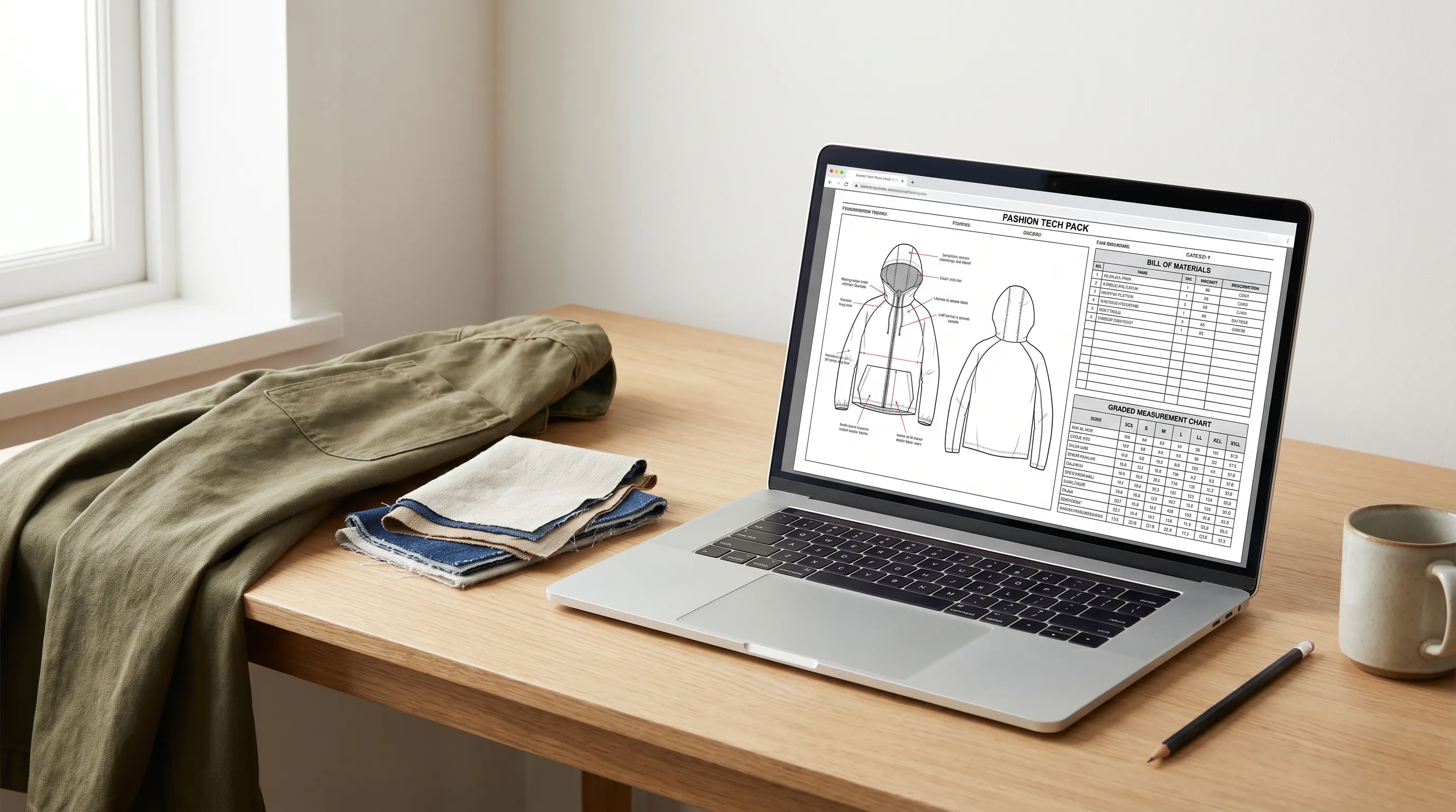 A factory-ready tech pack generated from one garment photo — annotated flat sketches, a bill of materials, and a graded measurement chart on screen