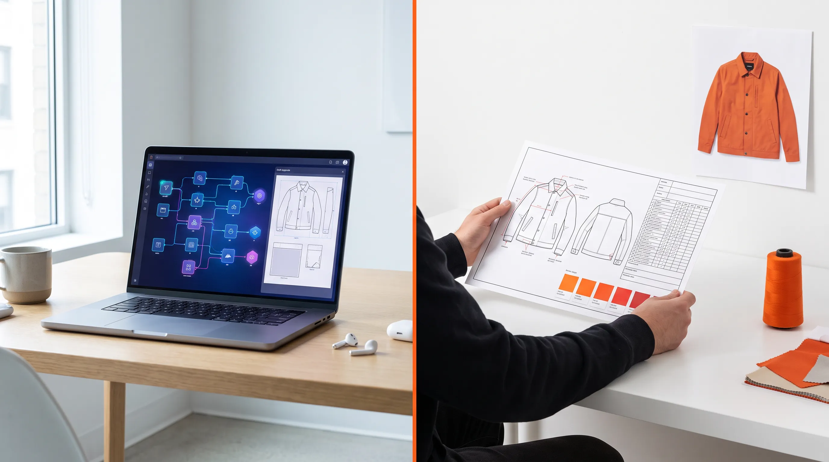 Split comparison of two AI tech pack tools: The F* Word's agentic tech-pack workspace beside Adstronaut generating an annotated factory-ready tech pack from a garment photo