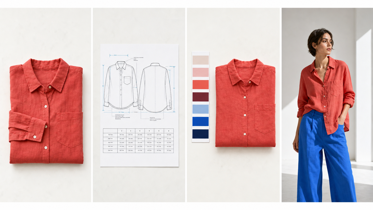 One garment photo becoming an Adstronaut tech pack, a Pantone colorway, and an on-model photoshoot image arranged left to right on a clean bright surface