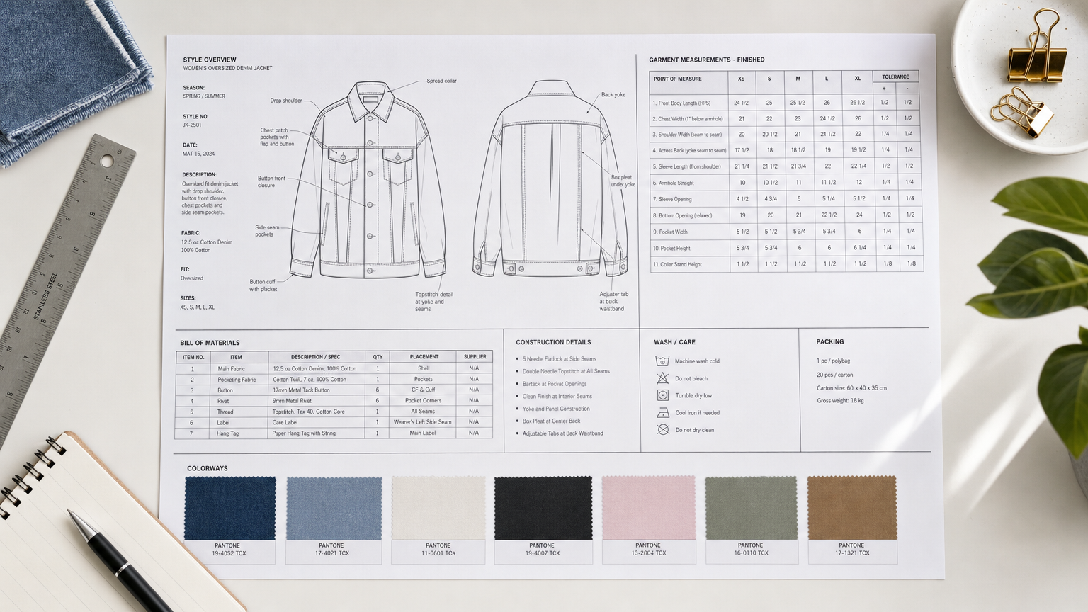 Adstronaut AI tech pack generated from one garment photo showing annotated flat sketch, graded measurement chart with tolerances, bill of materials, and Pantone TCX colorway chips on a clean desk