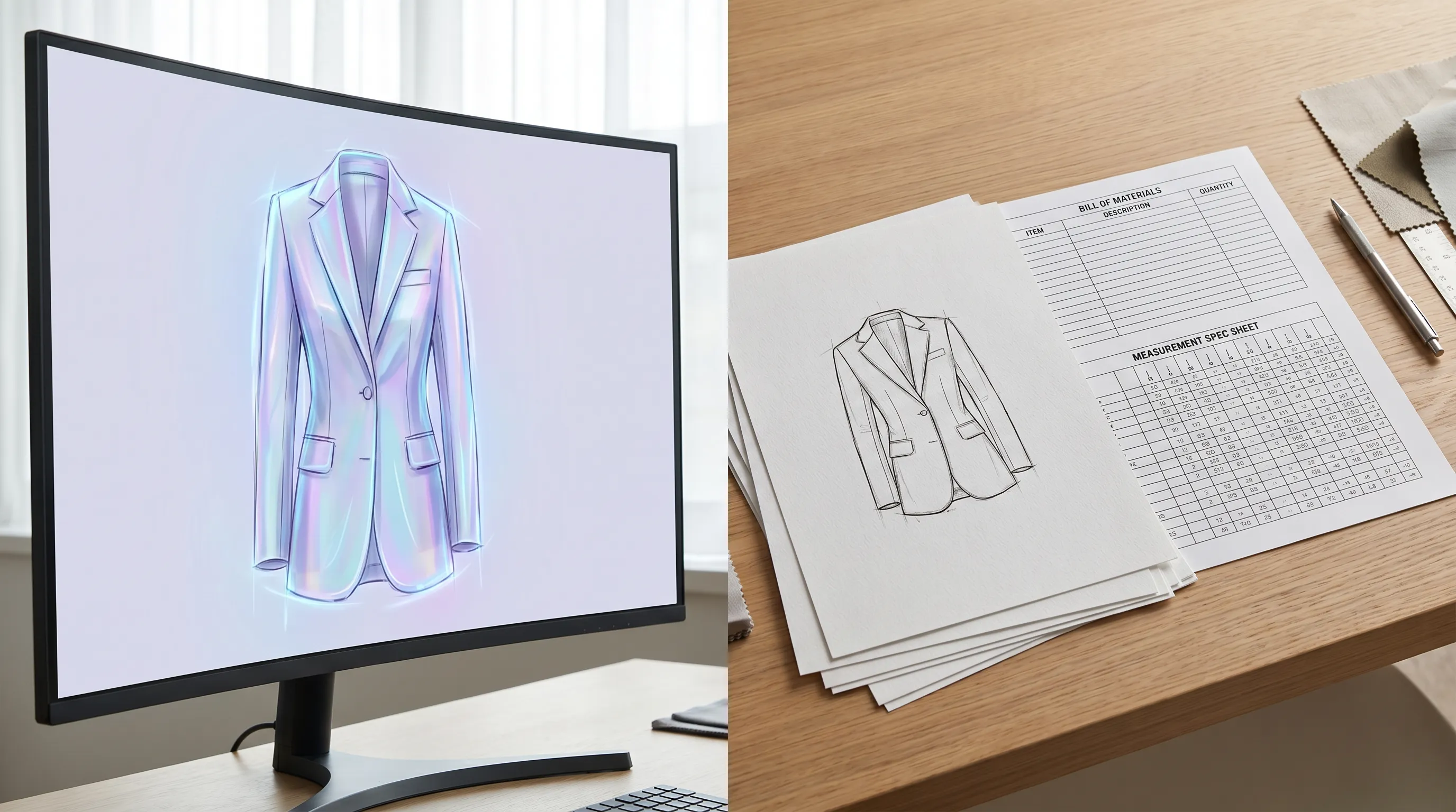 An AI-generated fashion design concept beside a factory-ready tech pack document, showing the gap between a design image and production-ready specifications