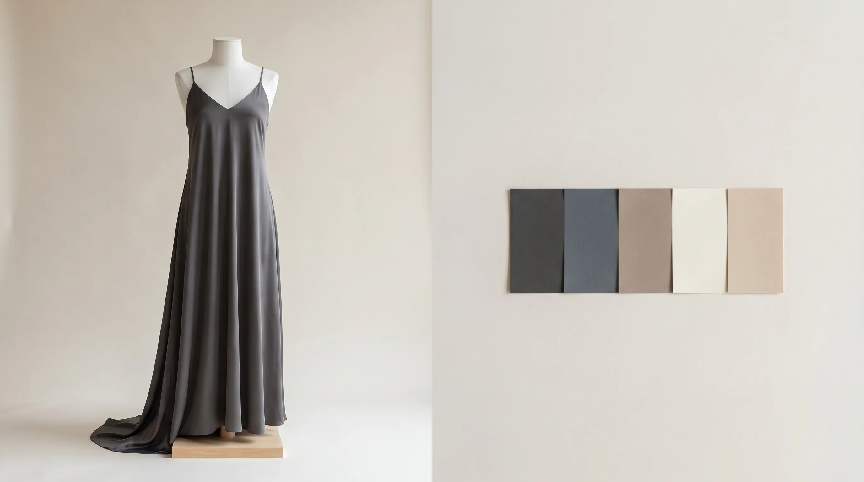 A photoreal fashion design rendered on a clean dress form in a studio, beside an auto-extracted five-color Pantone palette, representing the Adstronaut AI Designer output