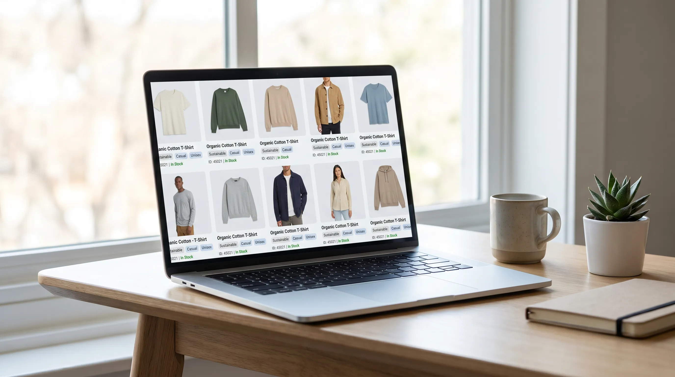 An e-commerce fashion product grid annotated with AI-generated titles, tags, and attributes