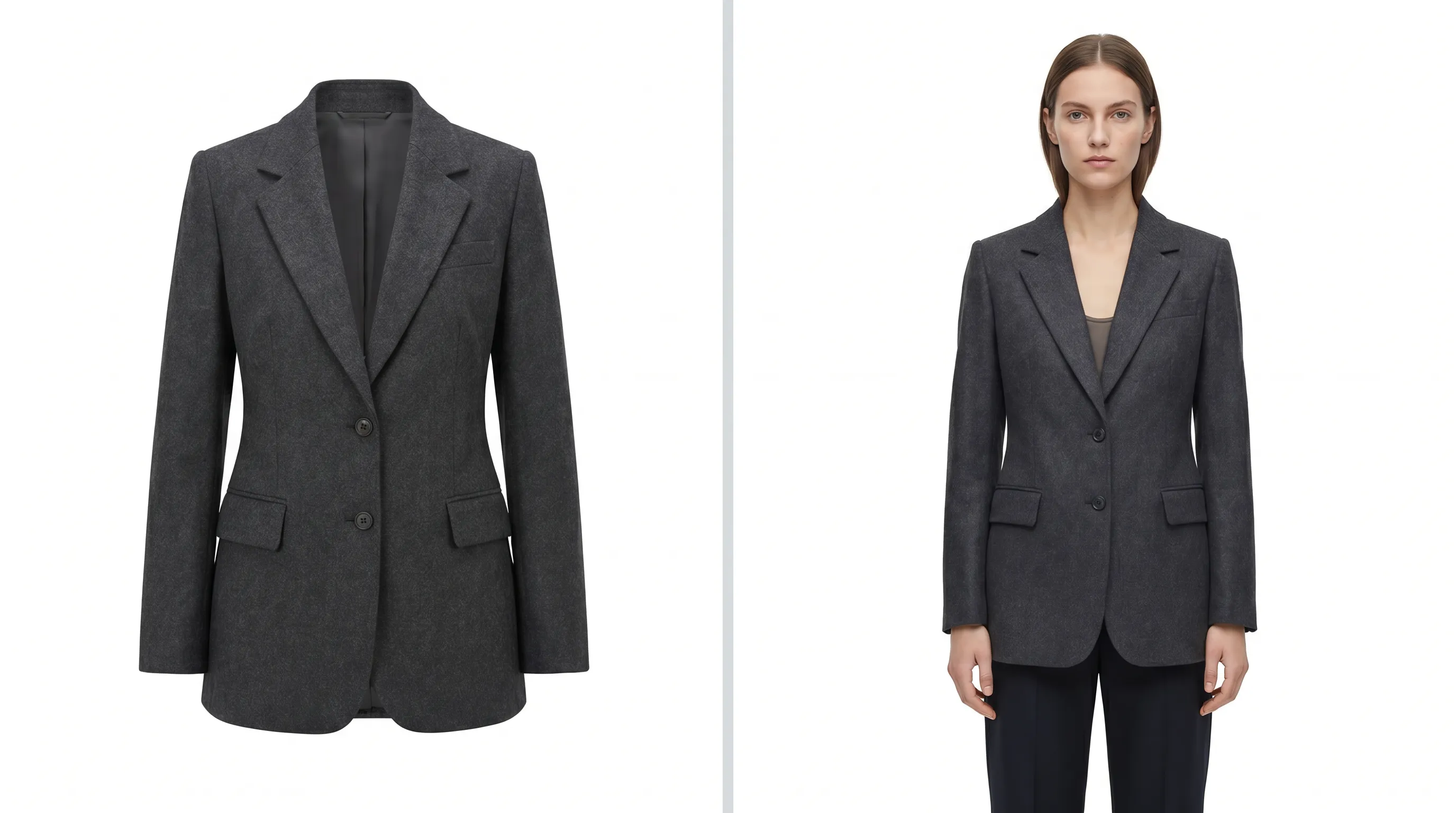 Two Amazon-compliant apparel main images side by side on pure white backgrounds — a ghost-mannequin shot where the garment holds its shape with no visible form, and a live-model full-length shot