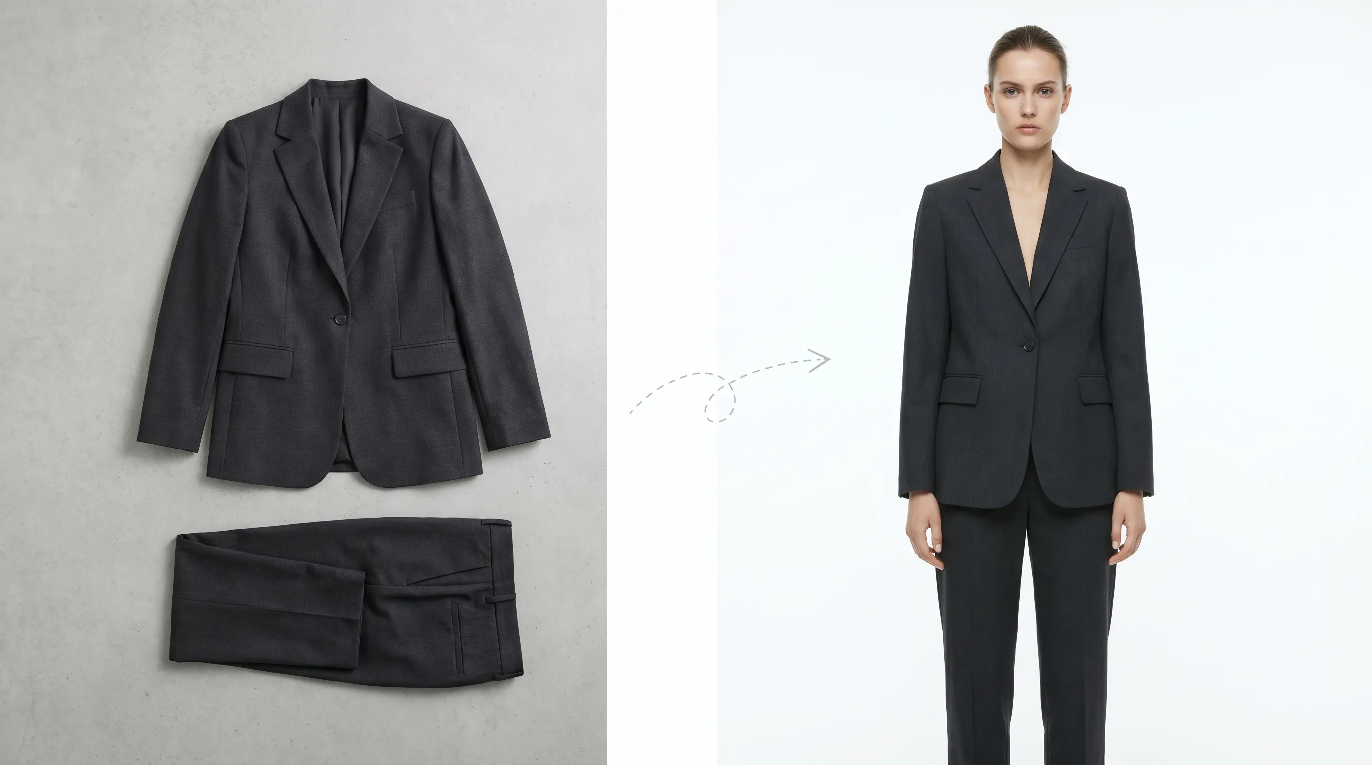 A flat-lay apparel photo converted into a compliant Amazon main image — the garment shown on a model against a pure white RGB 255,255,255 background, filling 85 percent of the frame