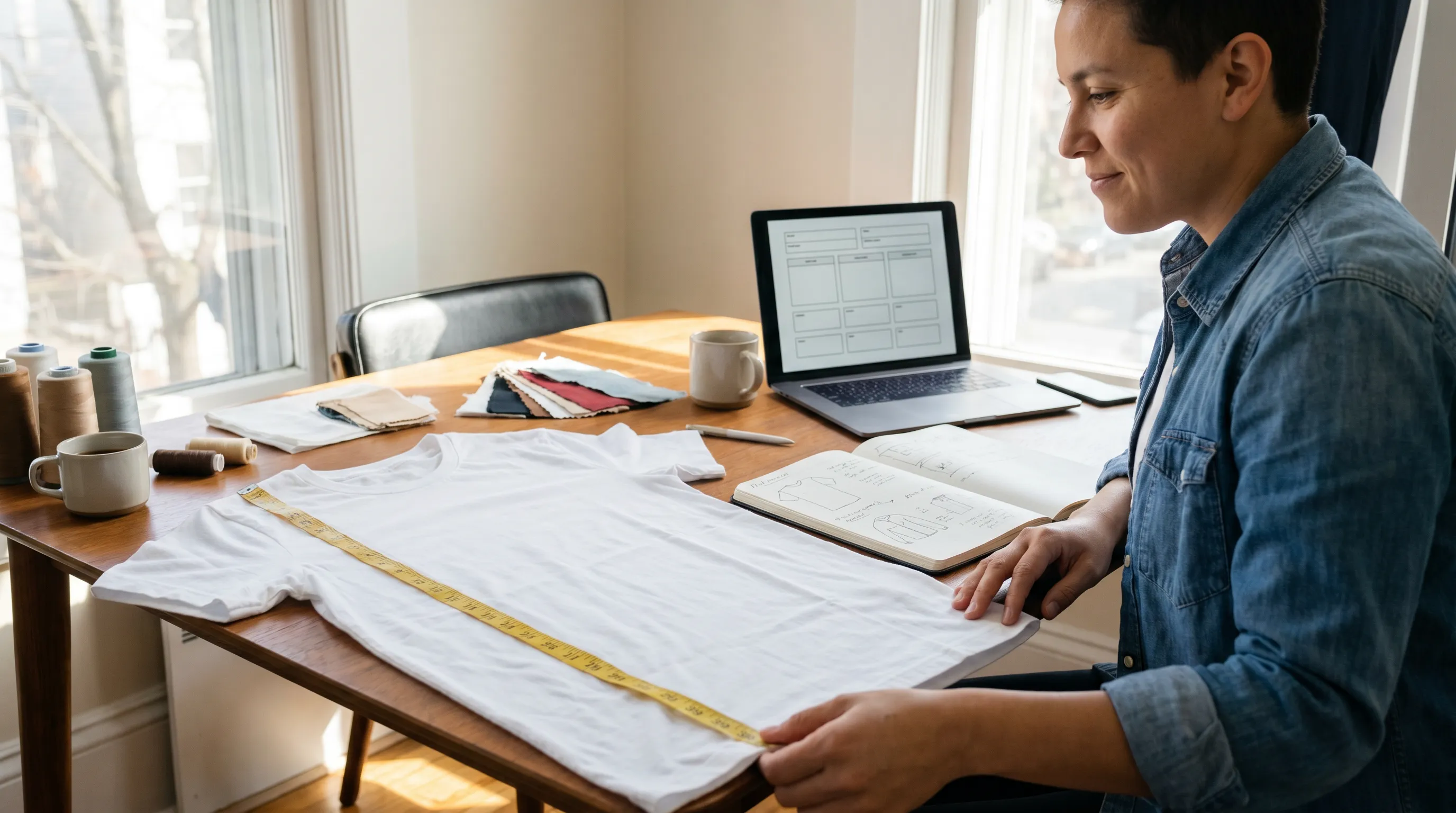 Beginner fashion founder learning to spec a simple t-shirt at a desk with a free tech pack template open on screen, a tape measure, and the sample garment laid flat