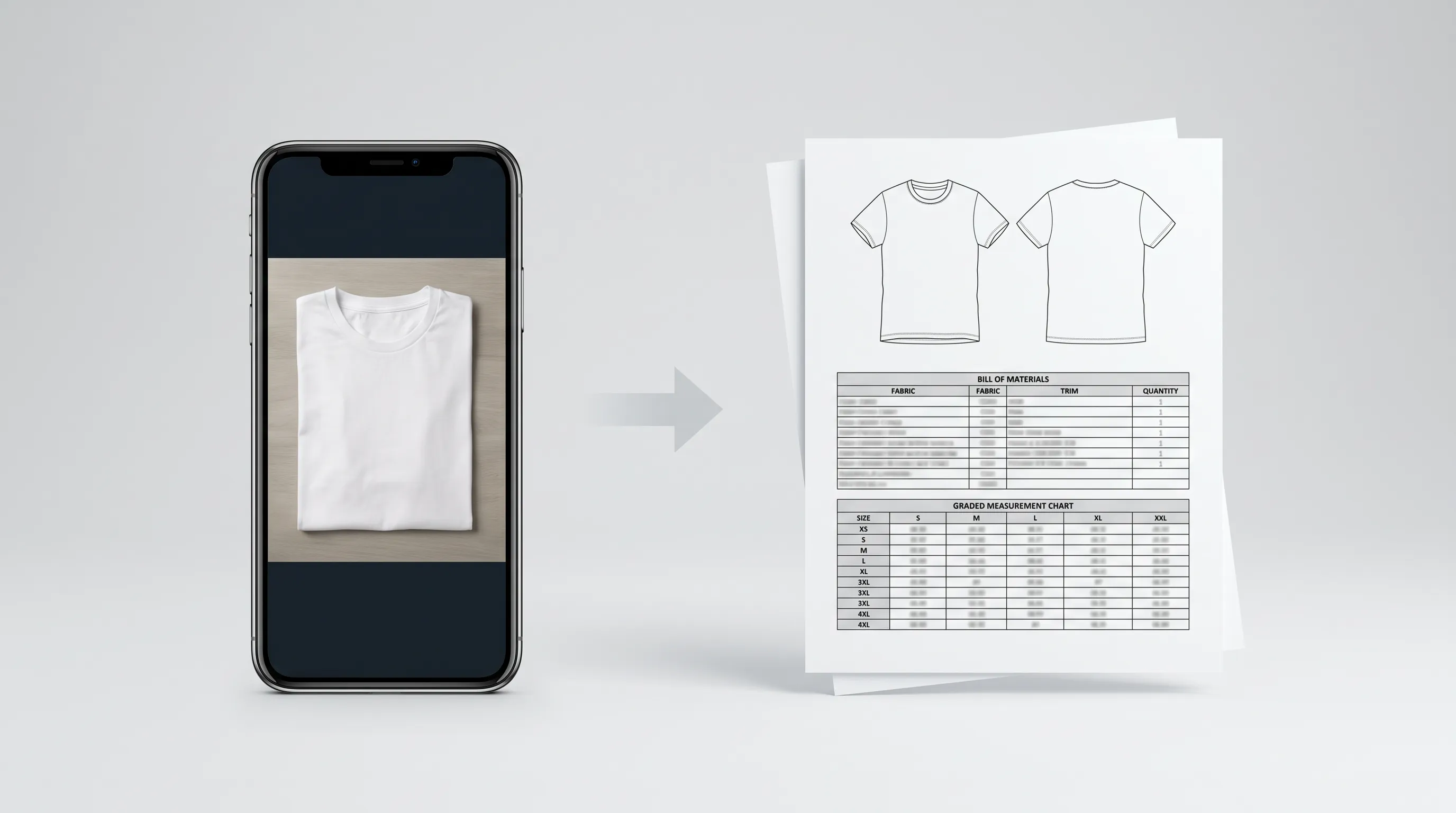 A single smartphone photo of a flat-lay t-shirt becoming a complete factory-ready tech pack with flat sketch, bill of materials, and graded measurement chart