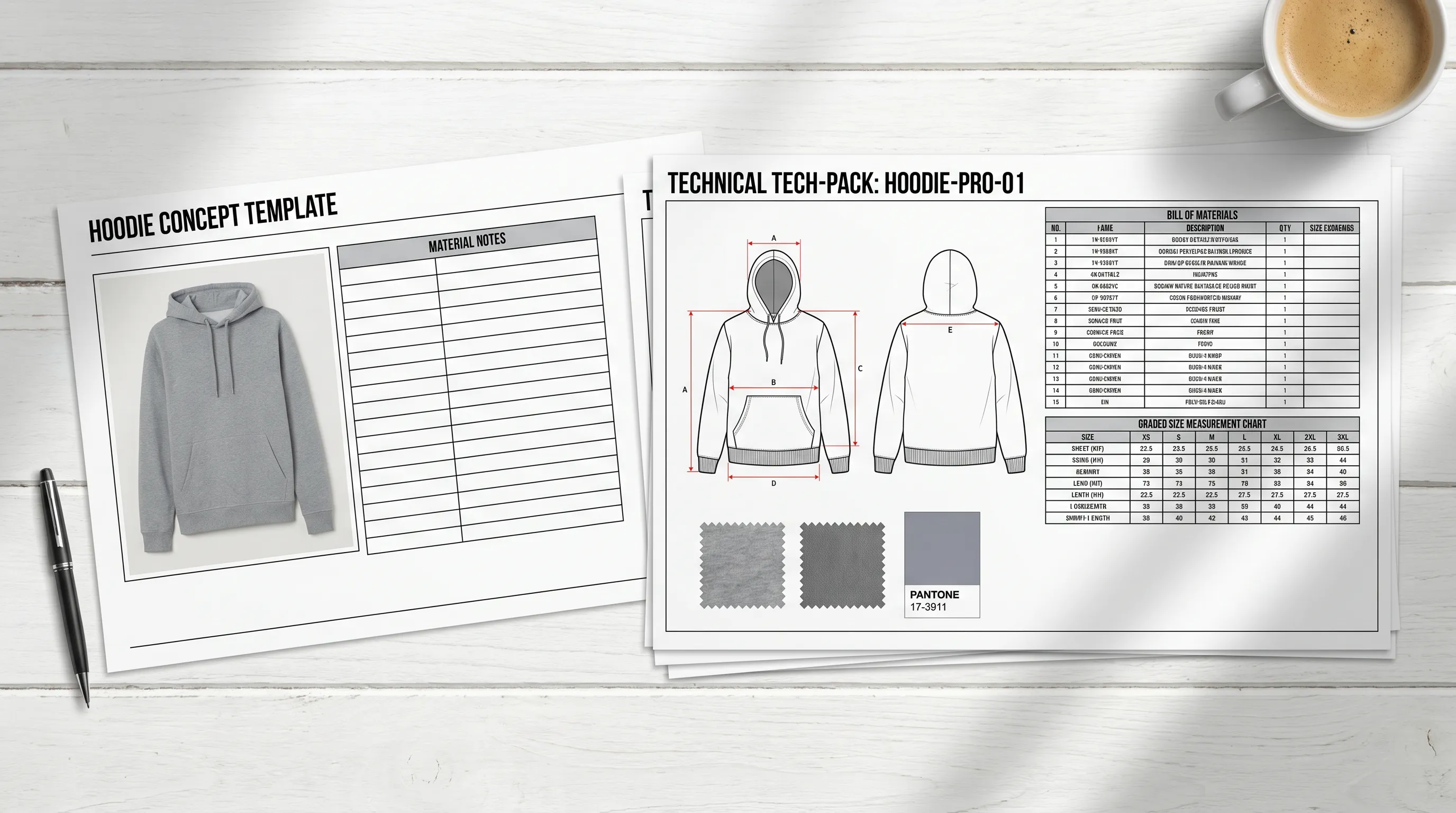 Side by side: a thin Canva layout with a photo where the flat should be and an empty materials table, versus a complete factory-ready spread with an annotated vector flat sketch, a structured bill of materials, and a graded measurement chart