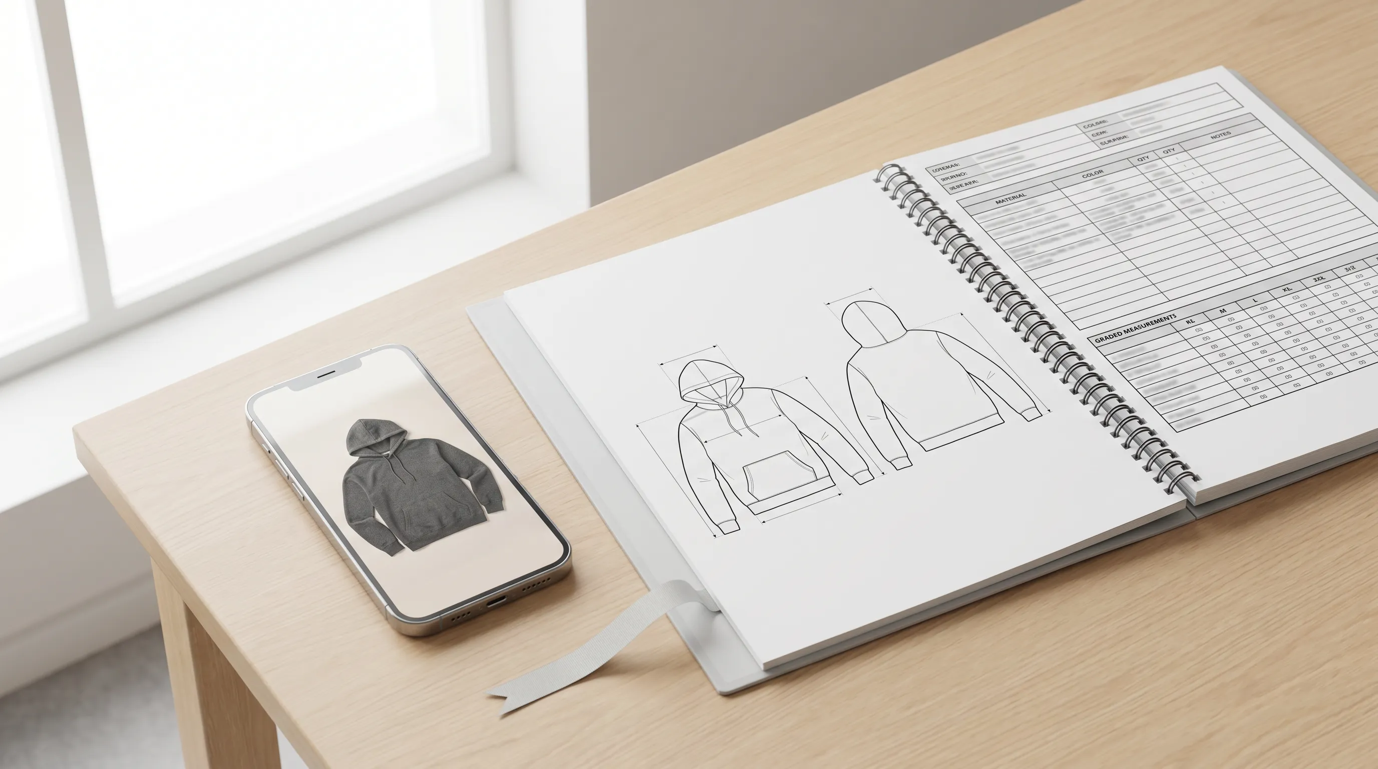 One smartphone photo of a hoodie on the left flowing into a complete generated factory-ready tech pack on the right with an annotated flat sketch, structured bill of materials, and graded measurement chart