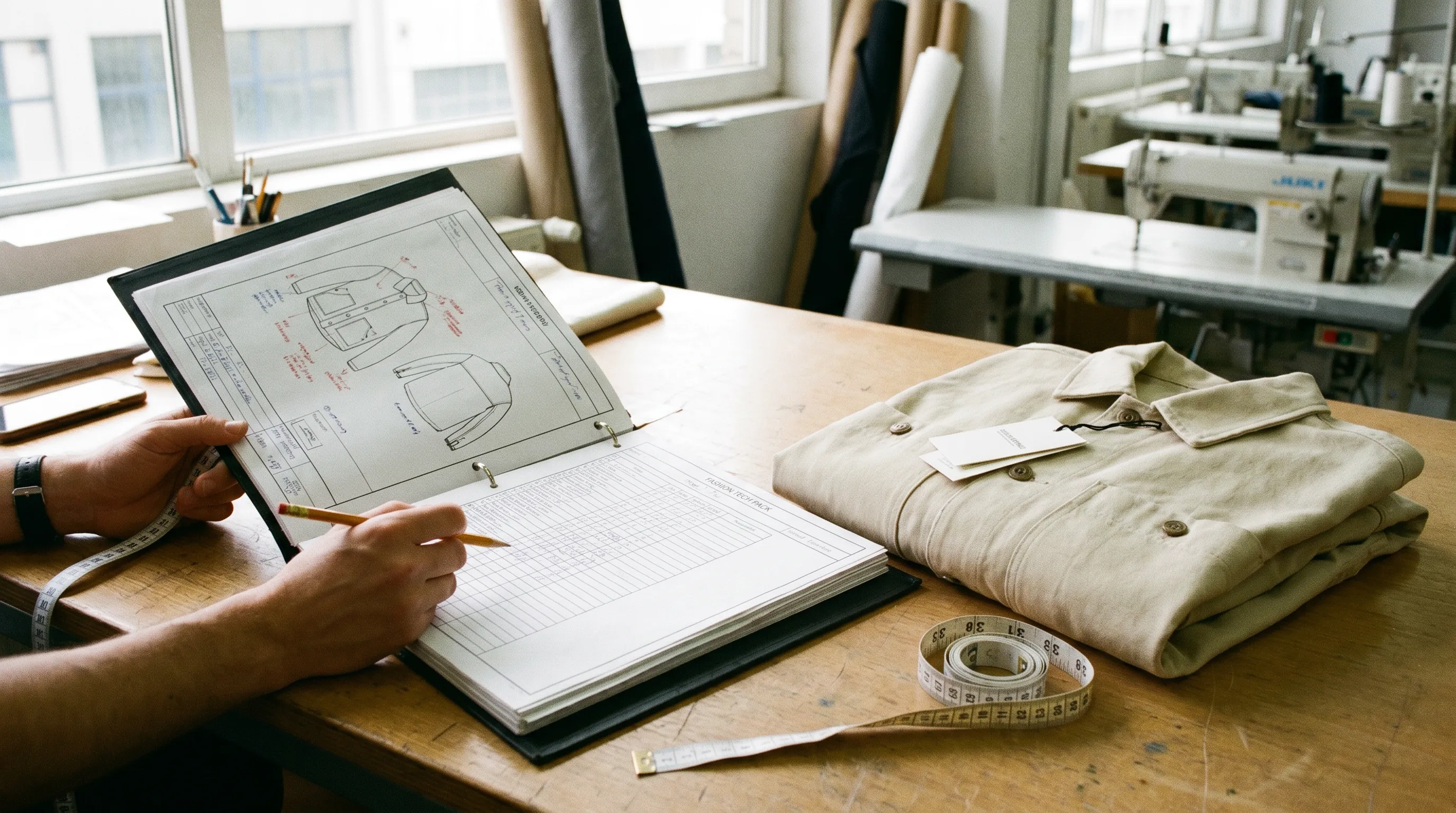 A factory technician reviewing a clear, fully annotated tech pack beside a garment sample that matches the spec