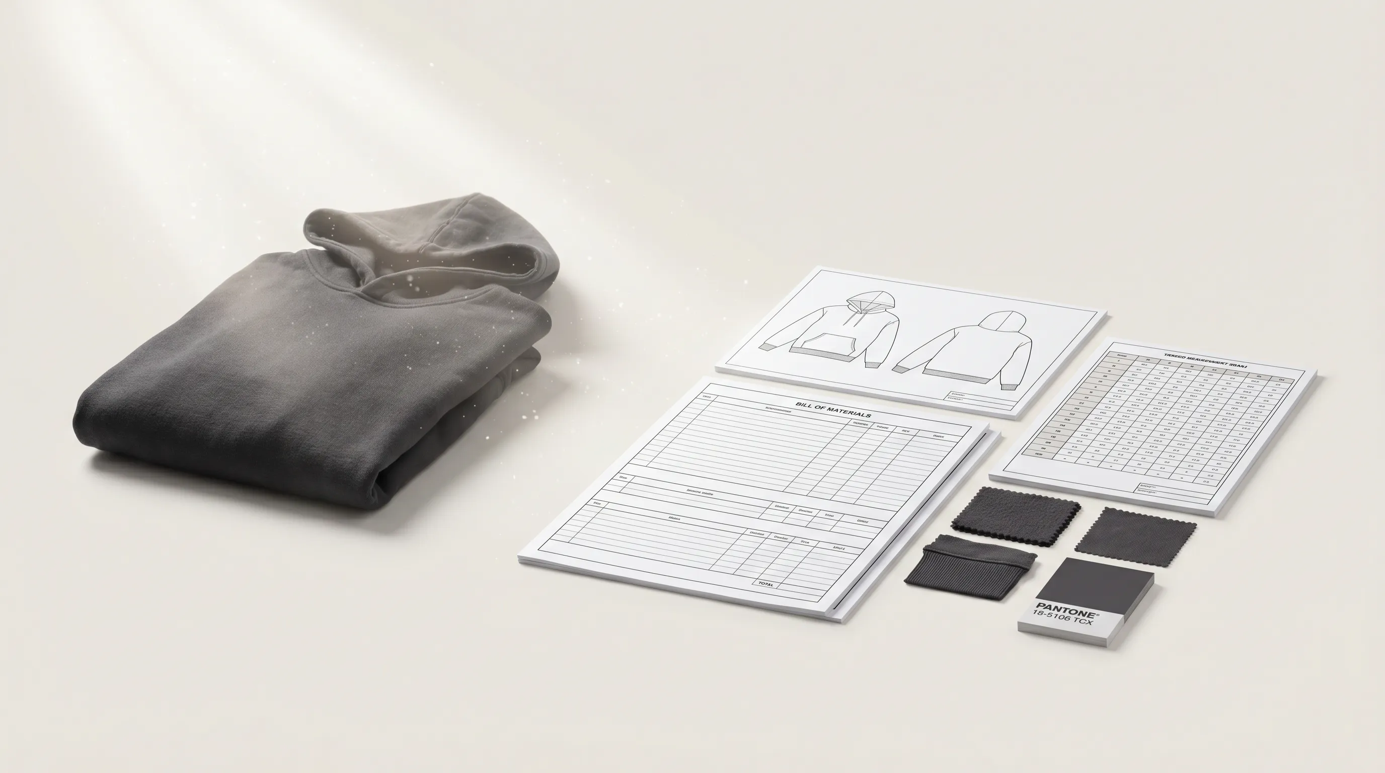 One garment photo on the left transforming into a complete factory-ready tech pack — flat sketch, bill of materials, and graded measurement chart — on the right