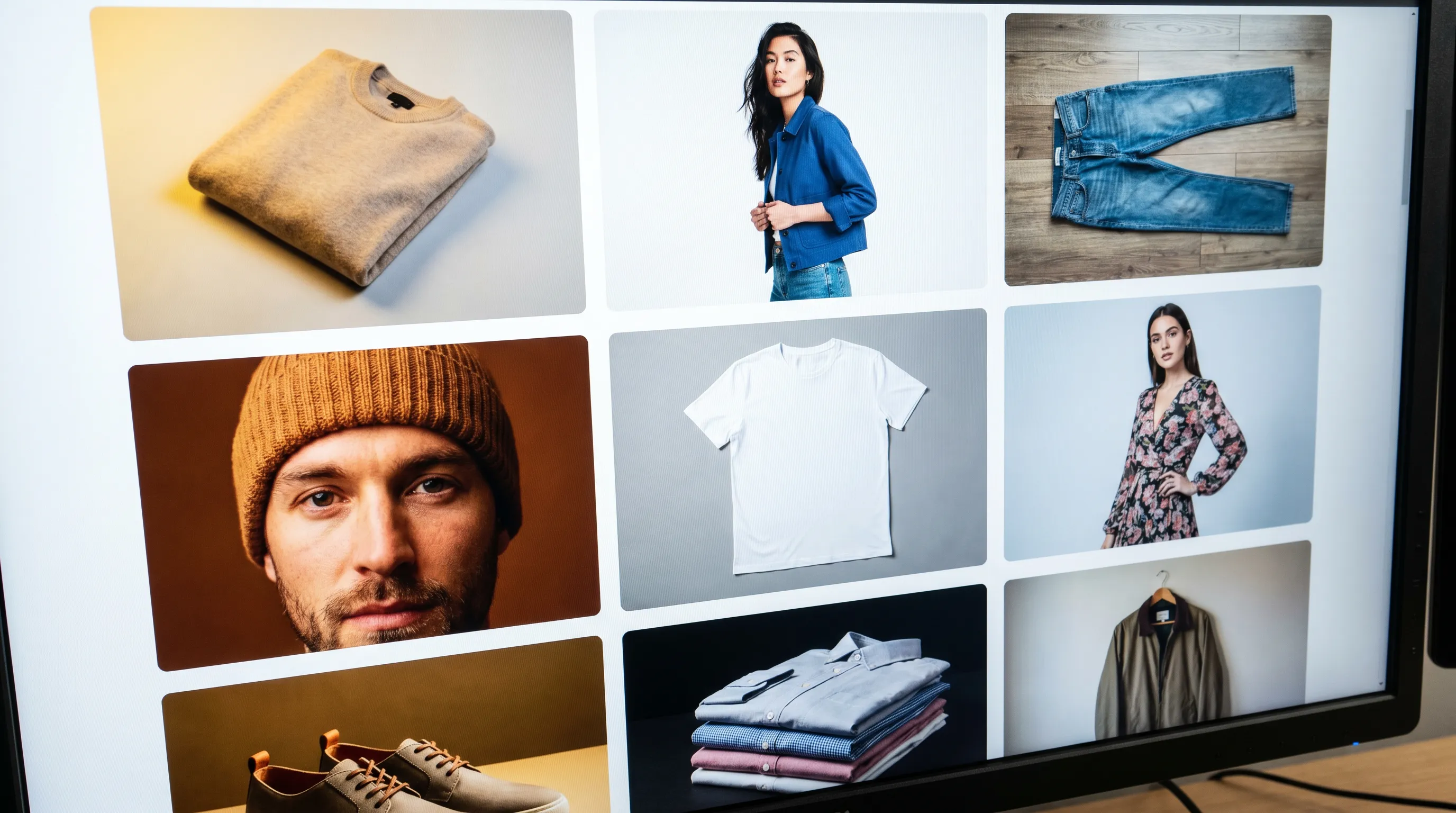 Ecommerce collection page grid with visibly mismatched product photos — warm and cool lighting, white and gray backgrounds, different crops and models across tiles