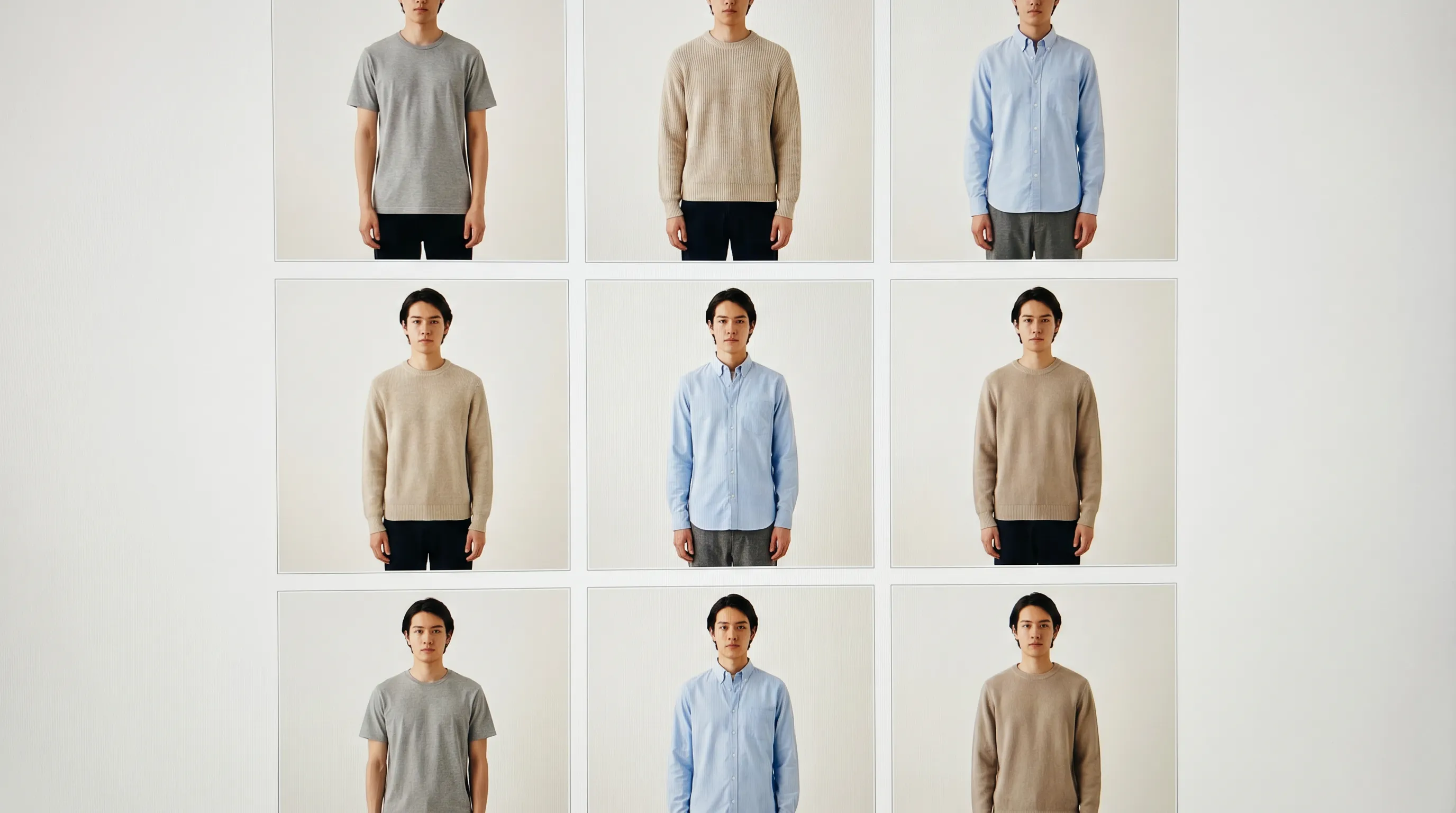 Clean uniform ecommerce collection page grid where every product photo shares the same model, lighting, background, and crop, generated by Adstronaut AI