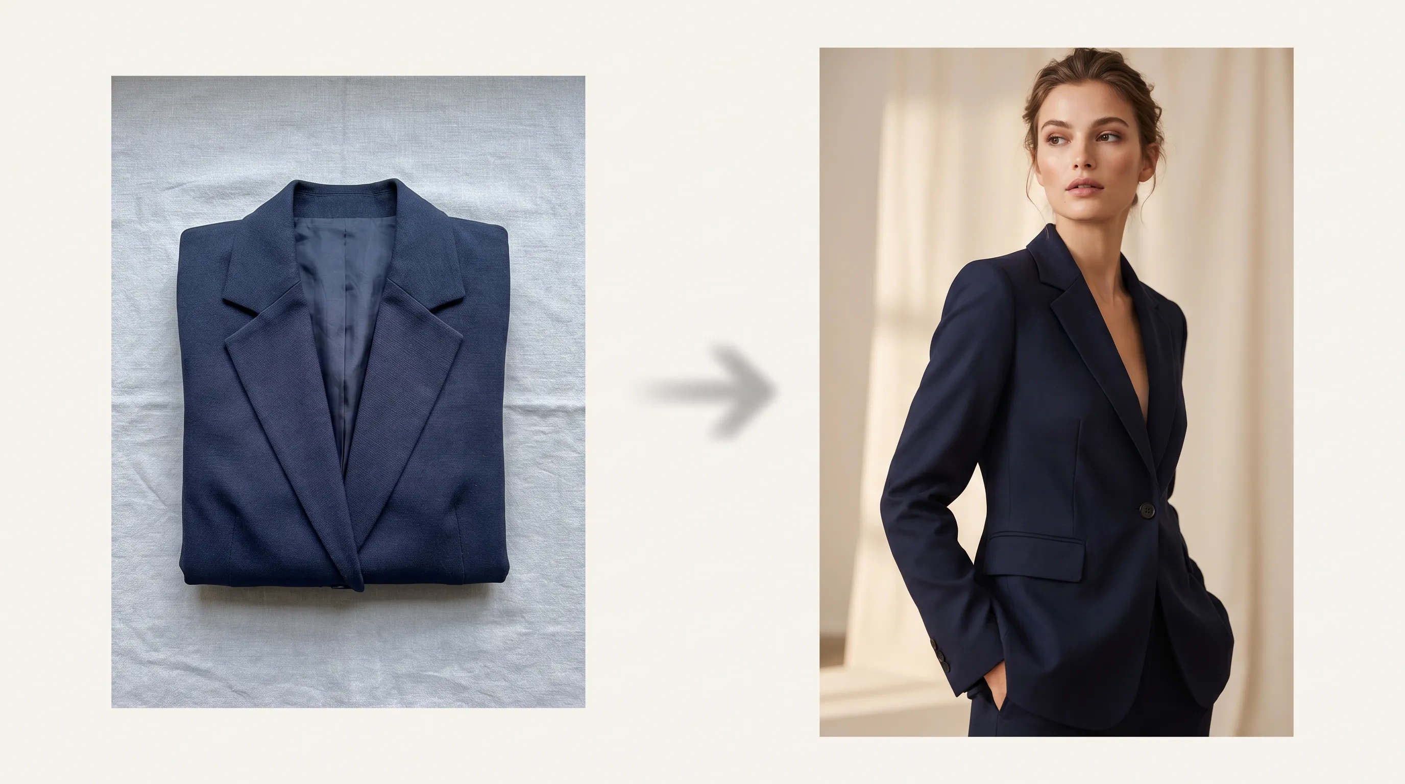 A flat-lay garment photo transforming into a polished on-model fashion image generated by Adstronaut AI in a studio setting