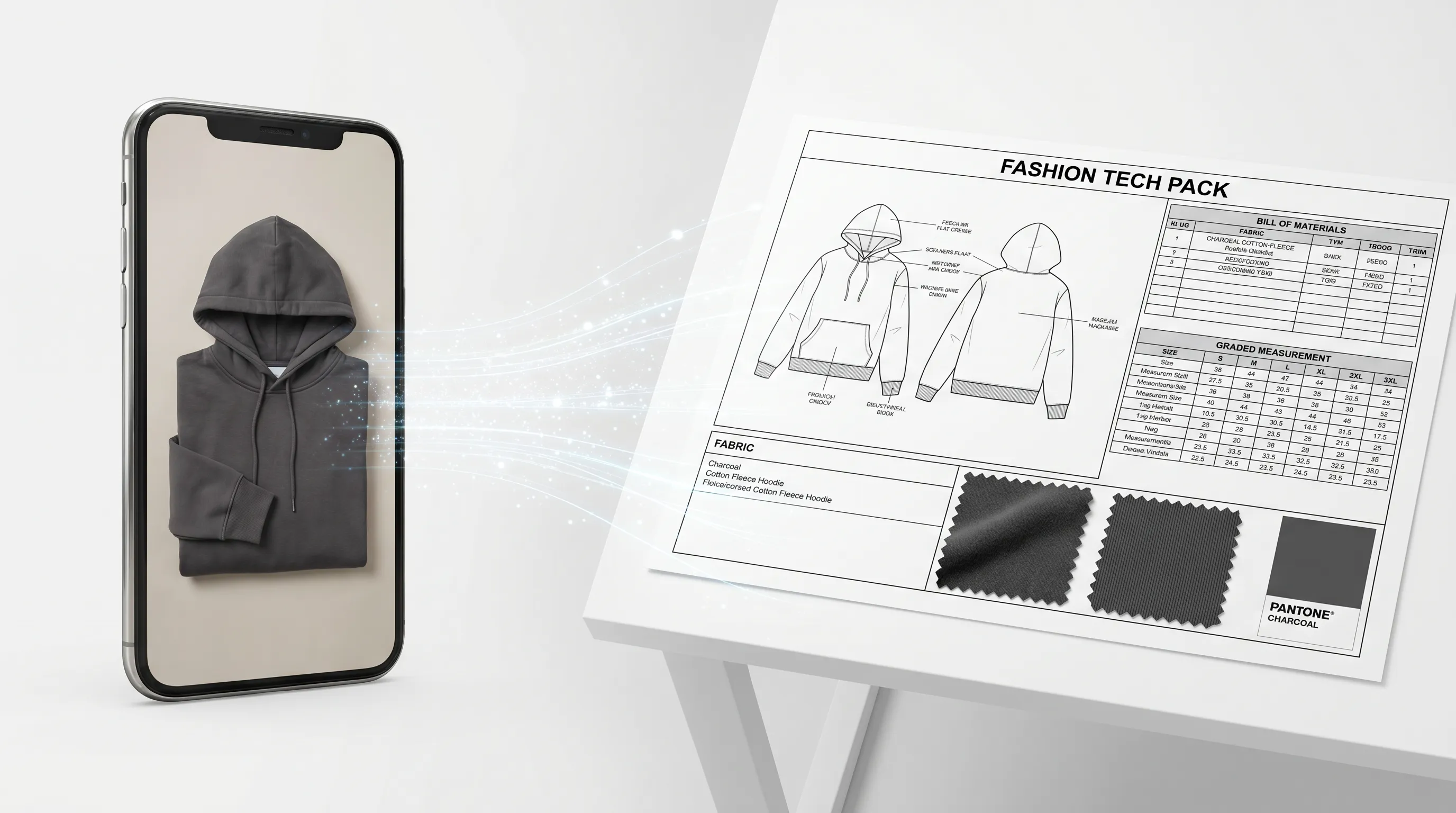 One garment photo of a hoodie transforming into a complete factory-ready tech pack with flat sketch, bill of materials, and graded measurement chart