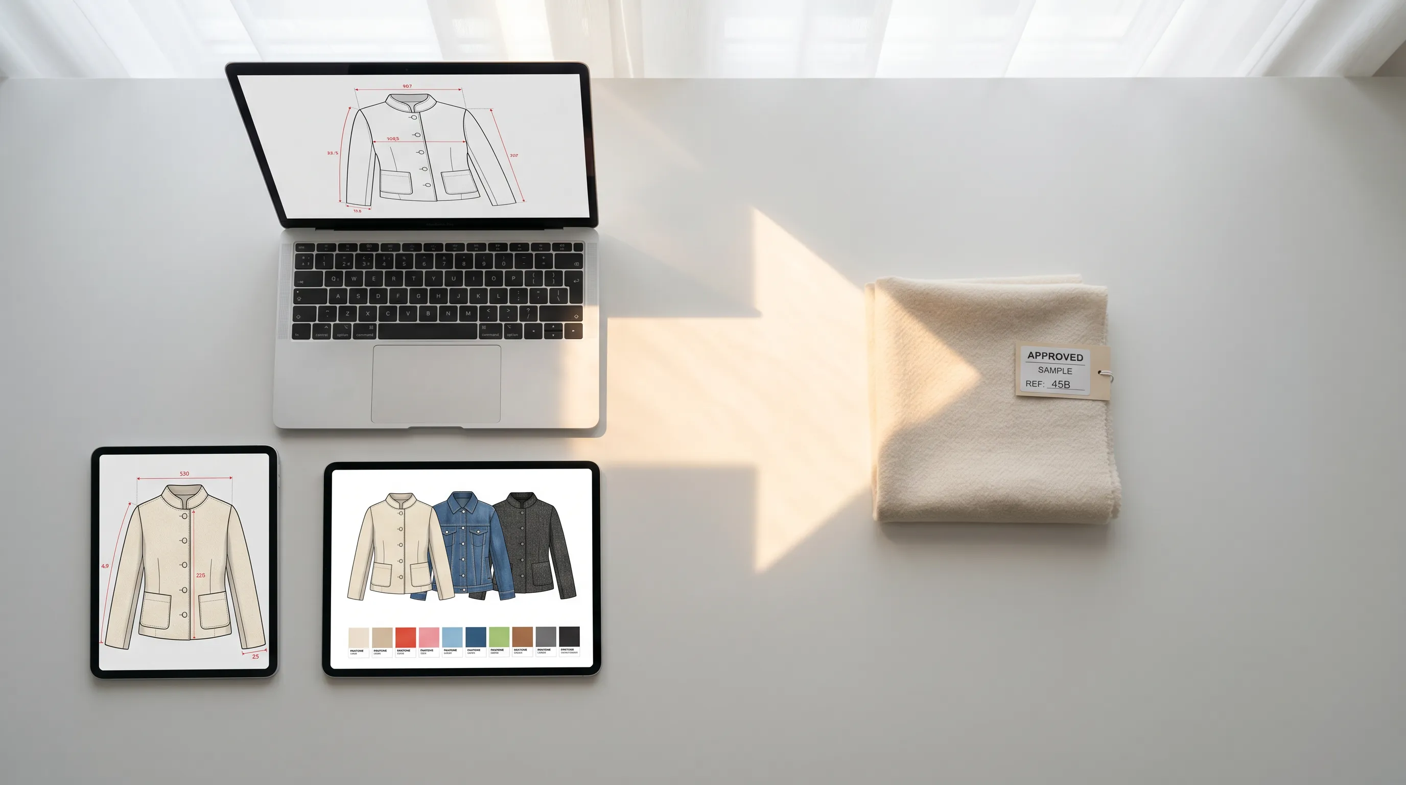 Workflow showing a precise AI tech pack plus digital fabric and color tests on screen, leading to one confirmation sample instead of four physical rounds