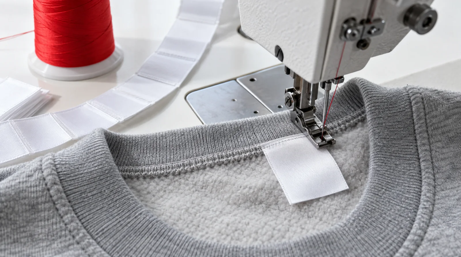 A blank white woven care label being sewn into the inside neck seam of a heather-grey sweatshirt, with a red thread cone beside the machine