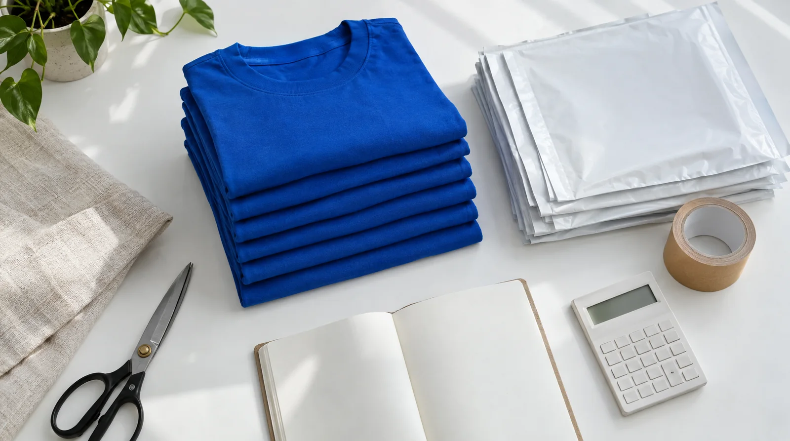 Overhead view of a launch table: a stack of folded cobalt-blue T-shirts, poly mailers, kraft tape, a calculator and a blank notebook