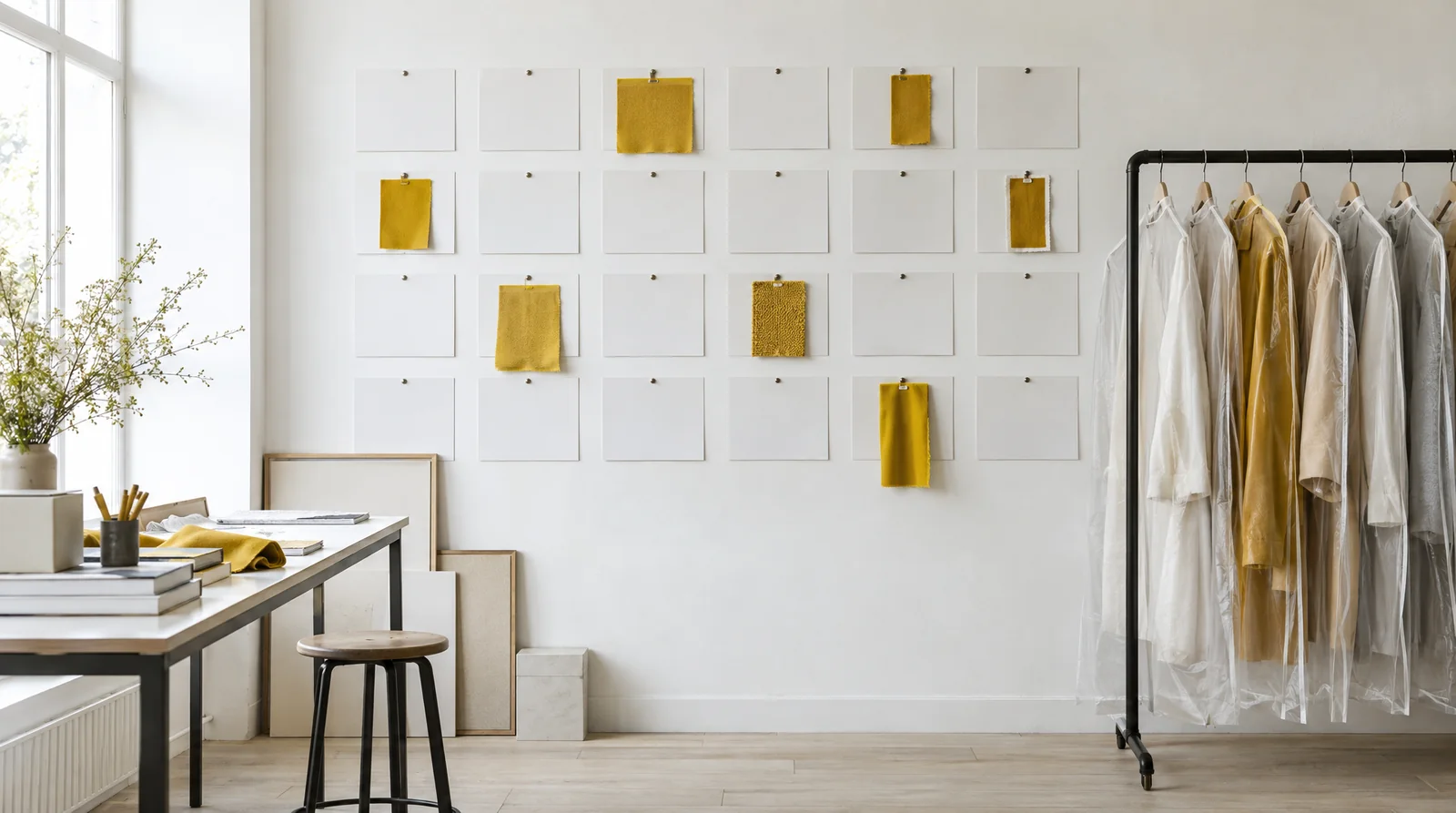 A studio planning wall of blank cards pinned in rows with mustard fabric swatches, beside a rail of samples in garment bags