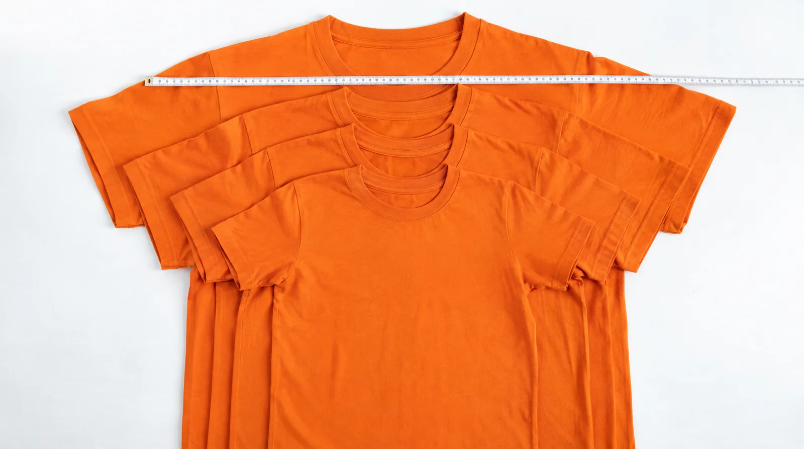 The same tangerine T-shirt in four sizes laid flat and nested from extra-small to extra-large, a tape measure across the largest