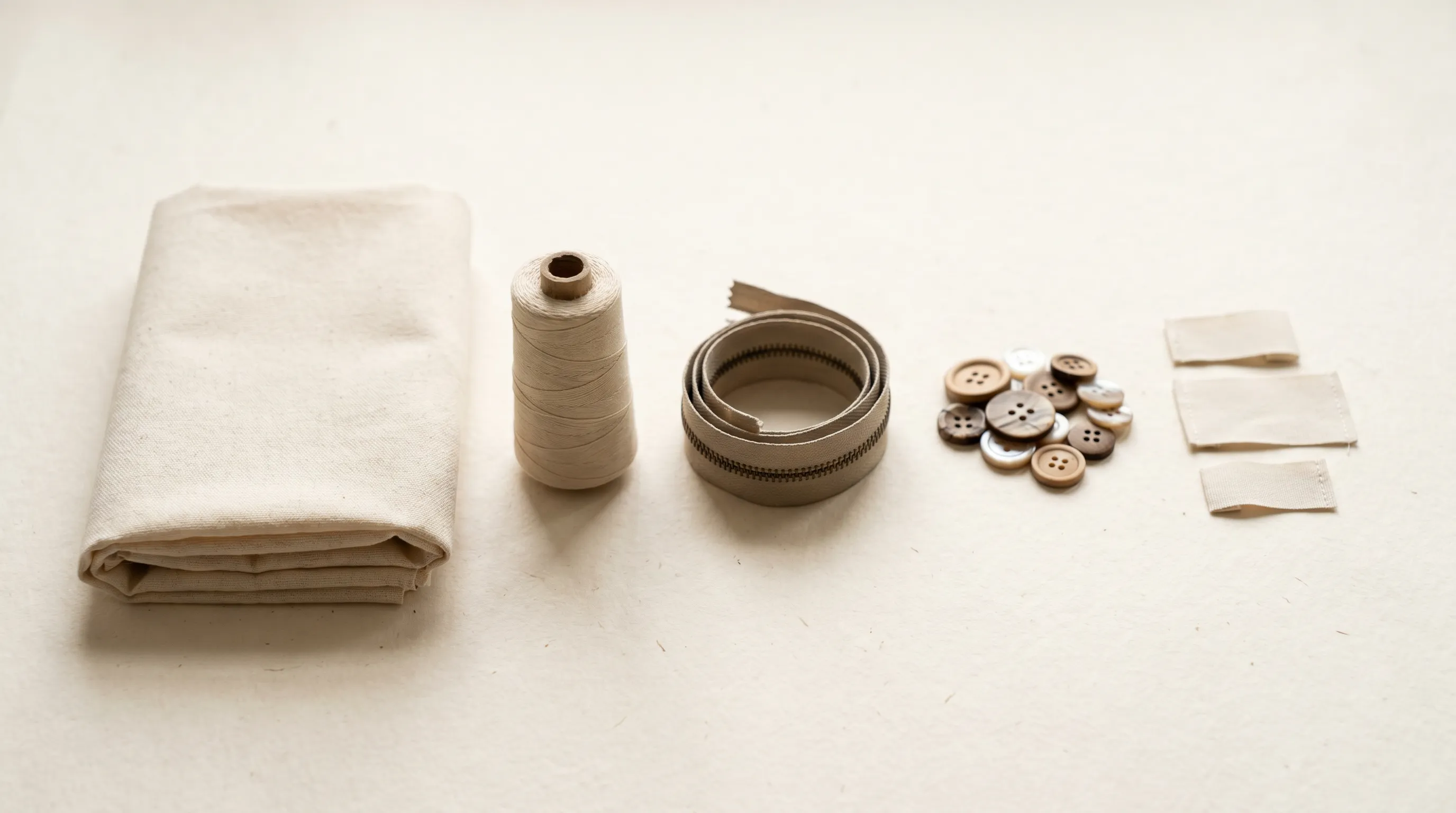 Close-up of garment material inputs — folded fabric, sewing thread cone, zipper, buttons and care labels — arranged as the cost lines of a costing sheet