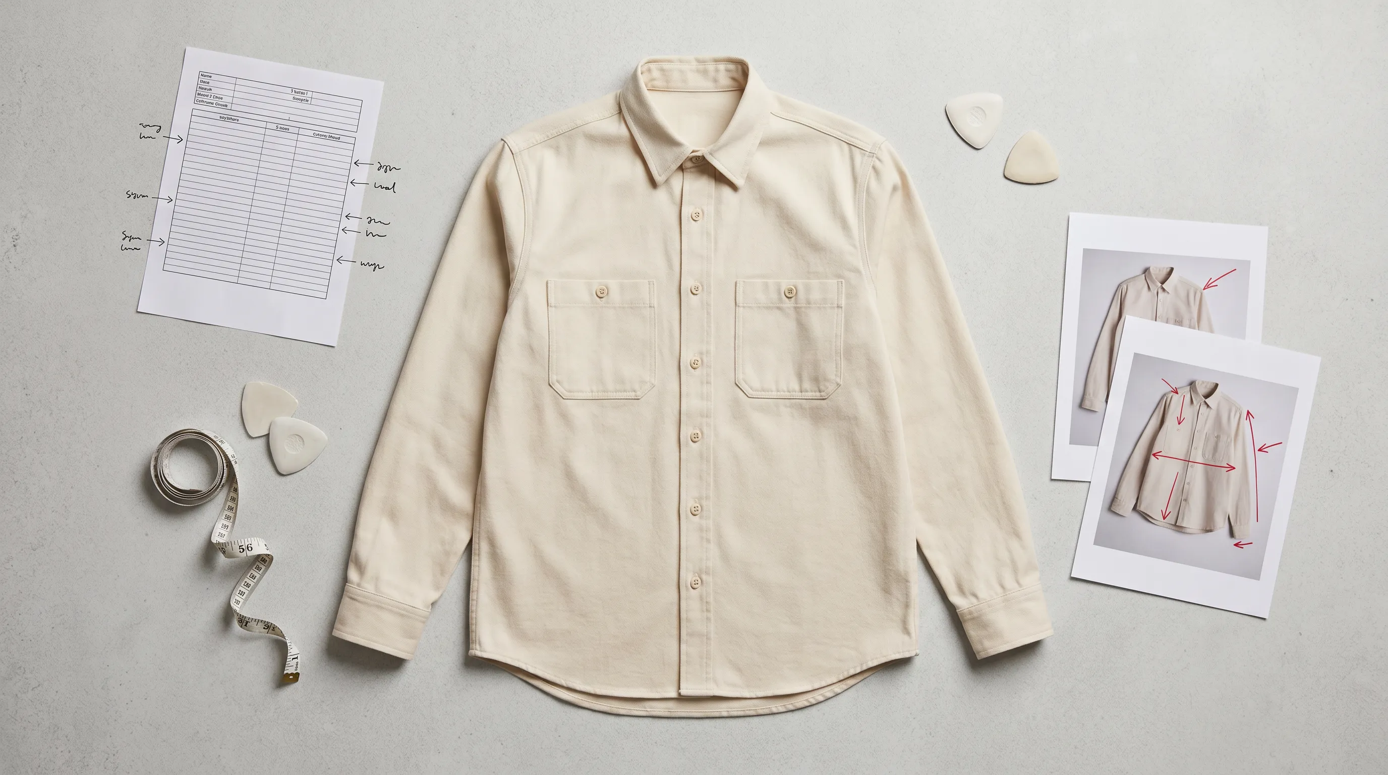 A marked-up fit sample shirt on a table beside a spec sheet with handwritten fit comments and annotated photos, showing chest and shoulder adjustments for the next fit round