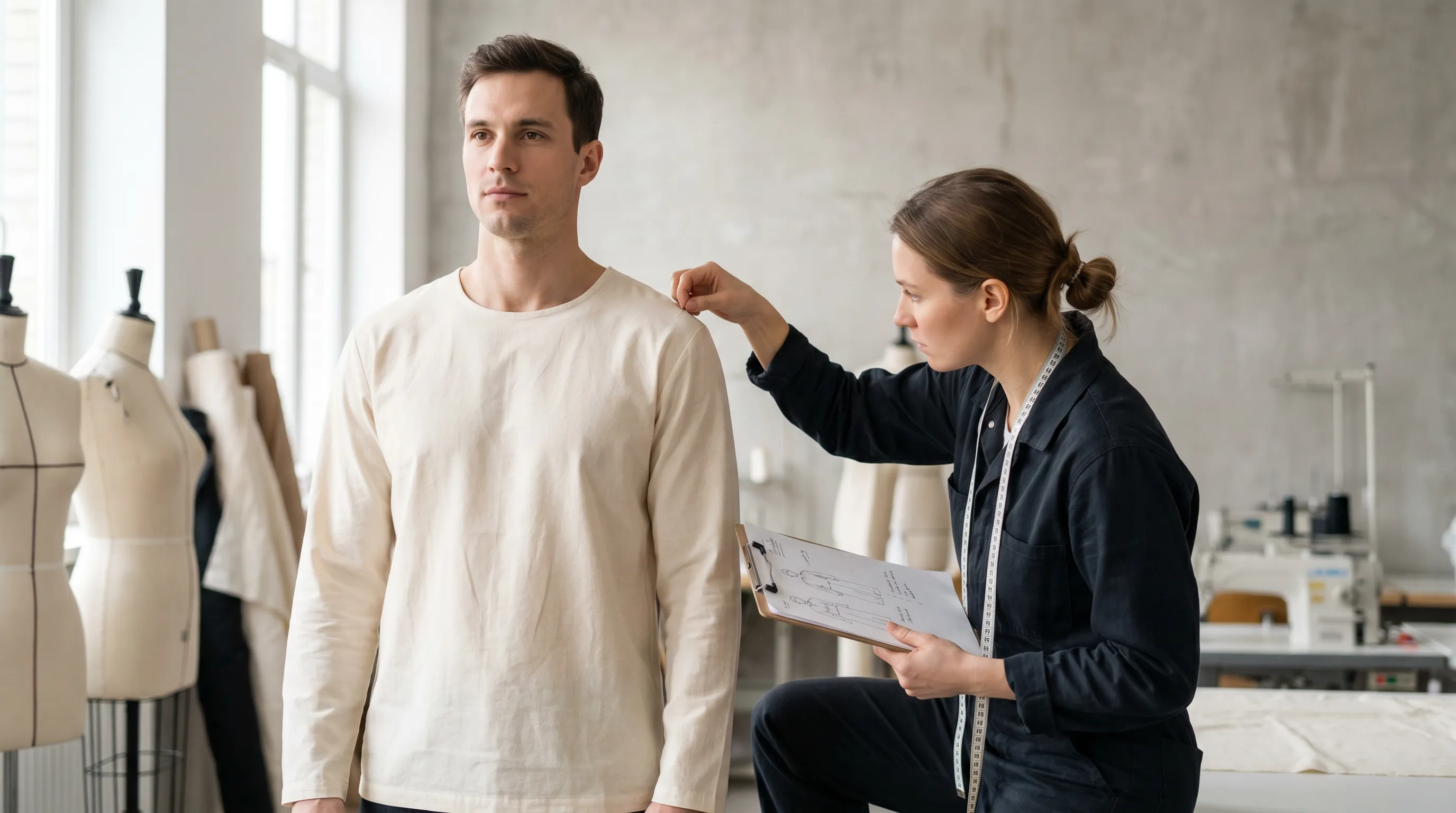 A fit model in a base-size sample shirt during a fit session while a technical designer checks shoulder placement and balance against a spec sheet