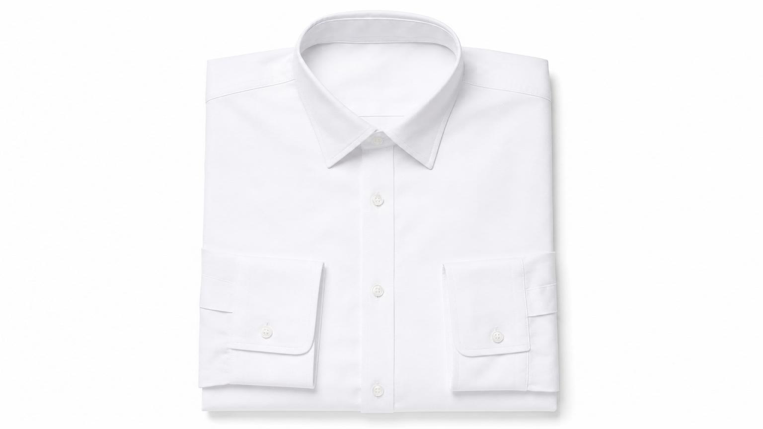 Clean catalog flat lay of a single white button-up shirt laid out symmetrically and folded neatly on a seamless white background, shot top-down for an e-commerce product page