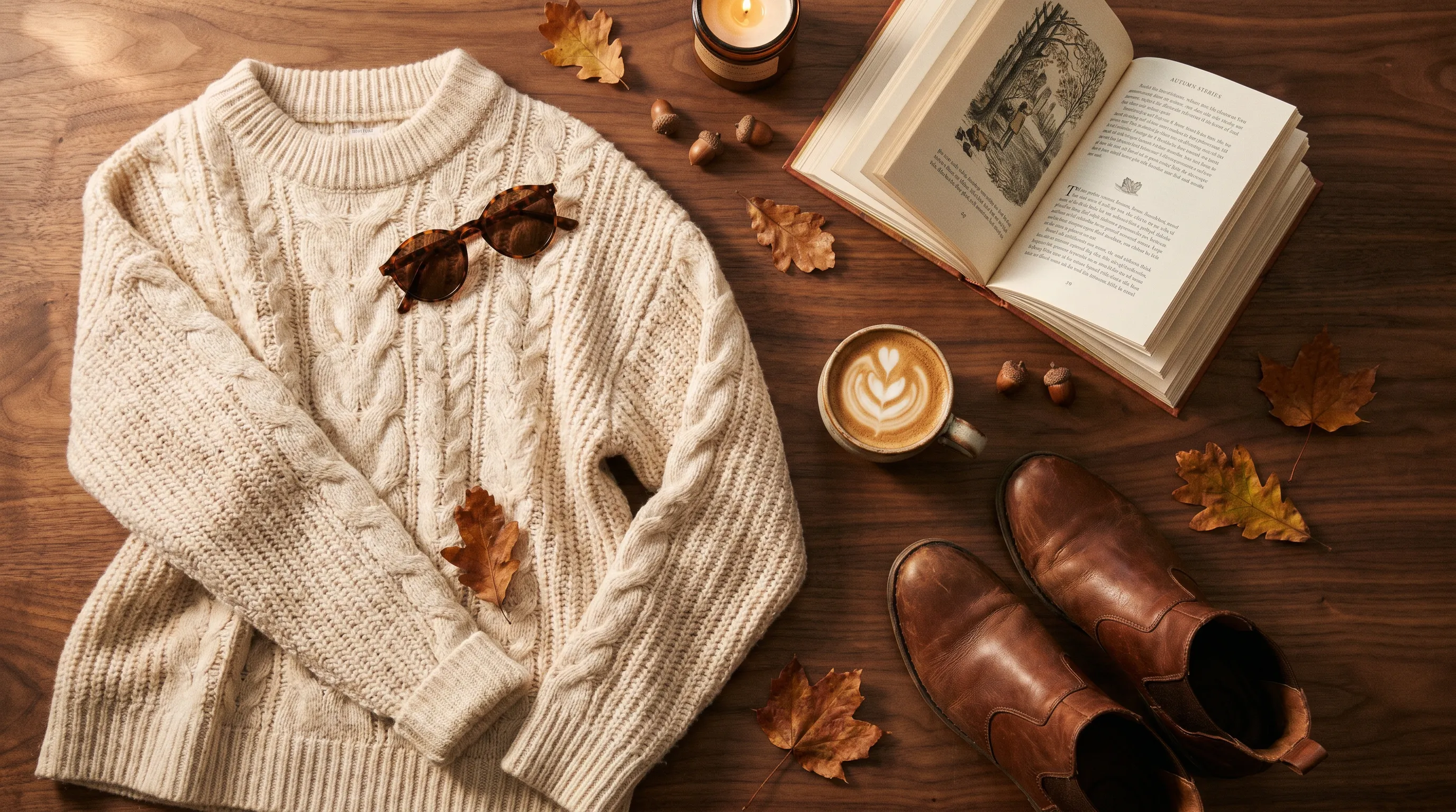 Styled lifestyle flat lay of a knit sweater arranged with leather boots, sunglasses, and a coffee cup on a warm wooden surface, shot from directly overhead