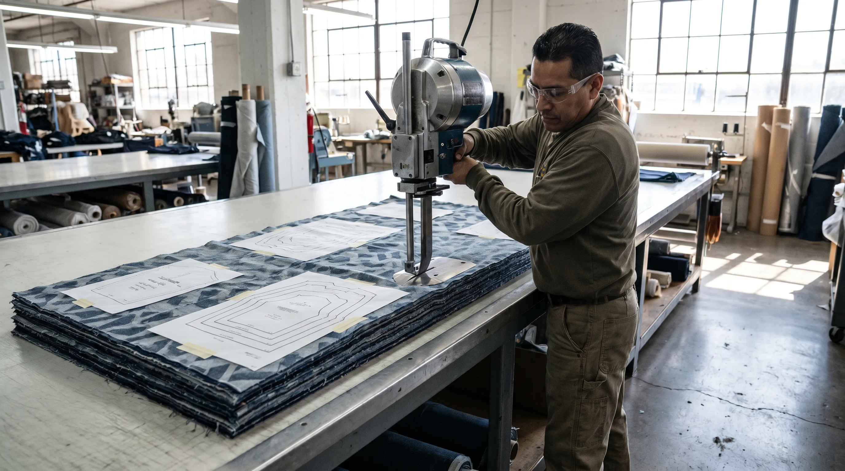 Cutting machine following the nested marker lines through a tall multi-ply lay on the factory table, slicing every ply into identical garment pieces in one pass