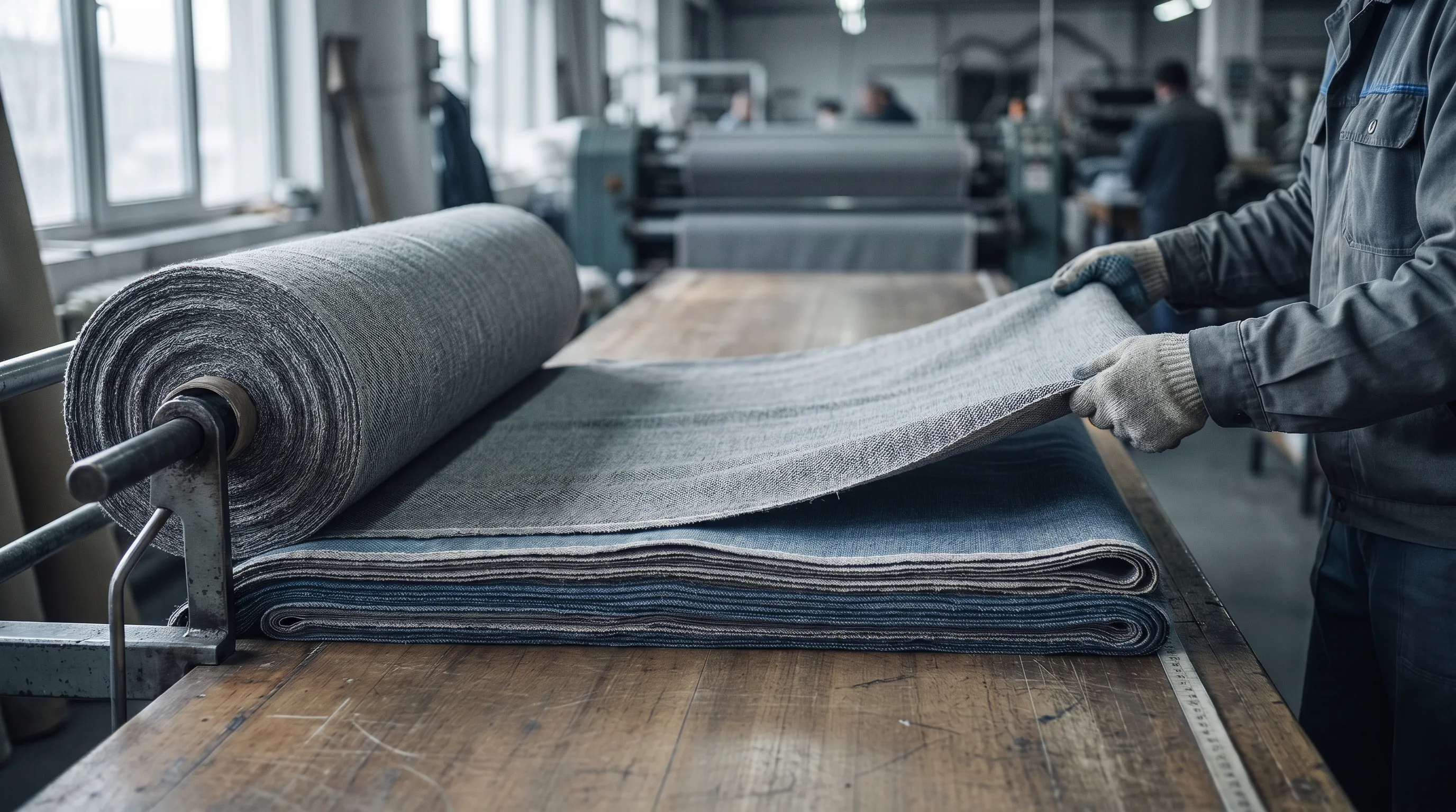 Operator guiding fabric off a roll-carriage onto a long cutting table, building up an even multi-ply lay with the selvedge edges aligned