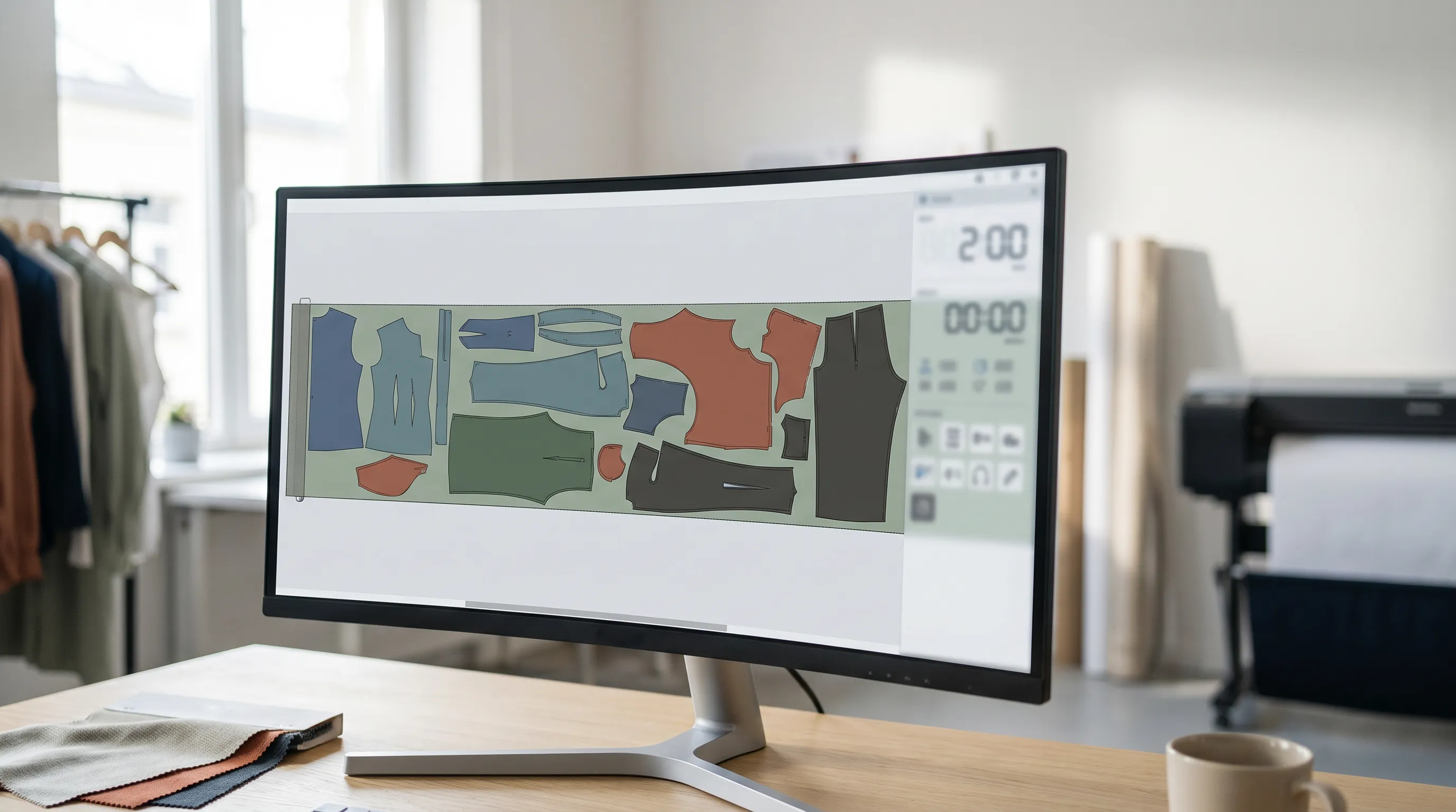 A CAD marker-making screen showing nested garment pattern pieces in different colors across a fabric width, with a marker efficiency percentage and consumption length displayed